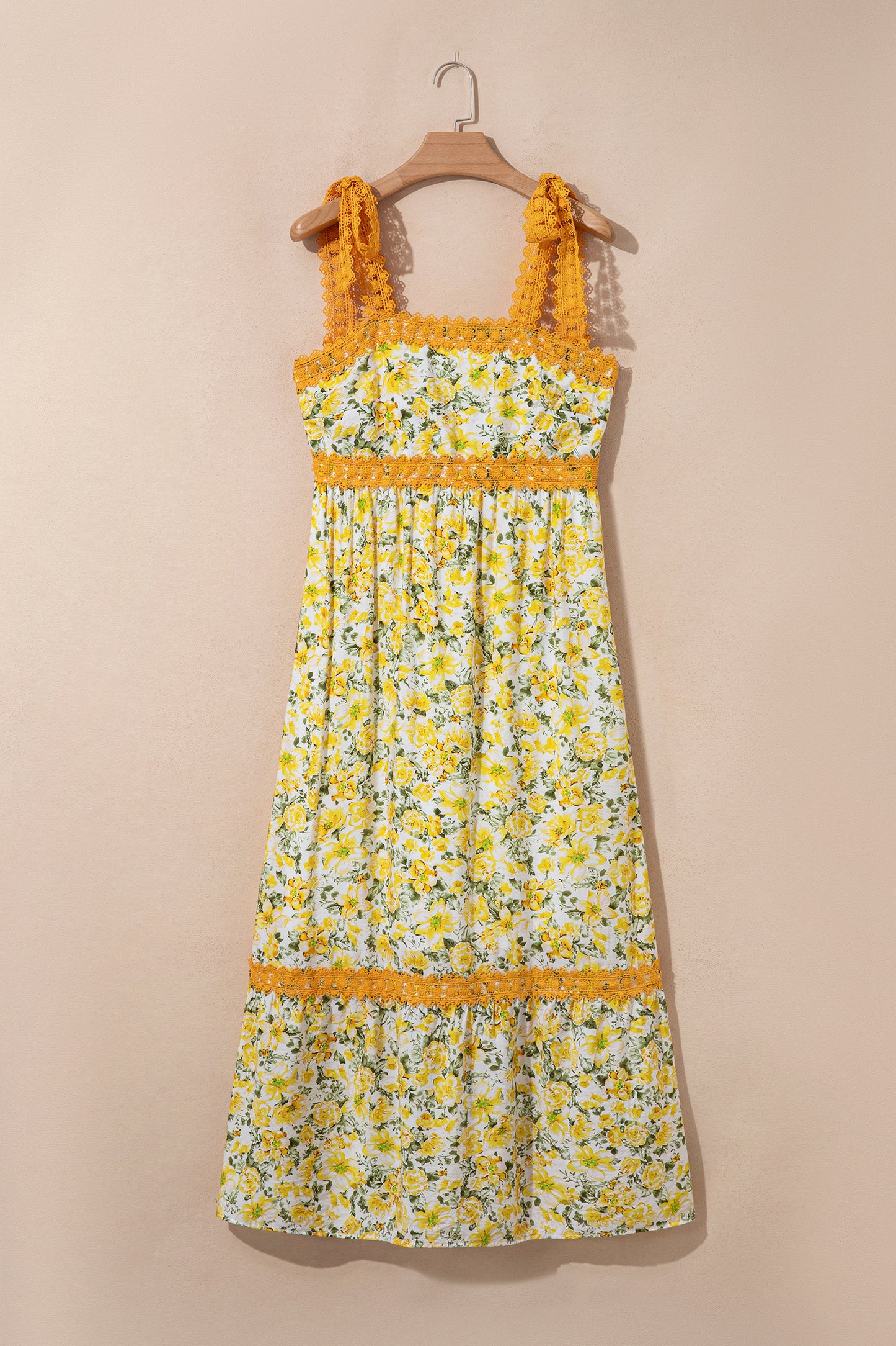 Banana Cream Floral Lace Tied Strap Empire Waist Maxi Dress-TOPS / DRESSES-[Adult]-[Female]-2022 Online Blue Zone Planet