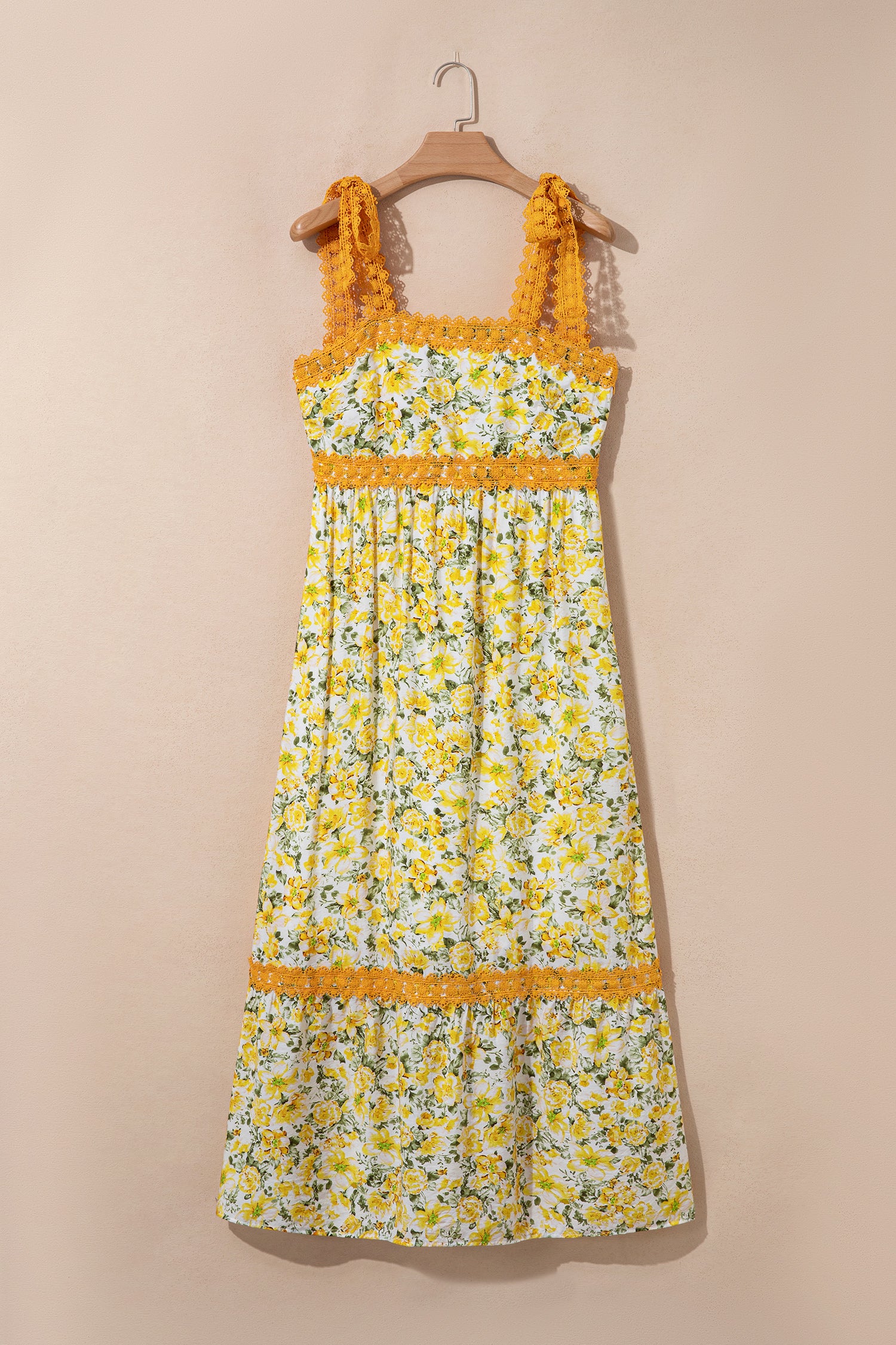 Banana Cream Floral Lace Tied Strap Empire Waist Maxi Dress-TOPS / DRESSES-[Adult]-[Female]-2022 Online Blue Zone Planet