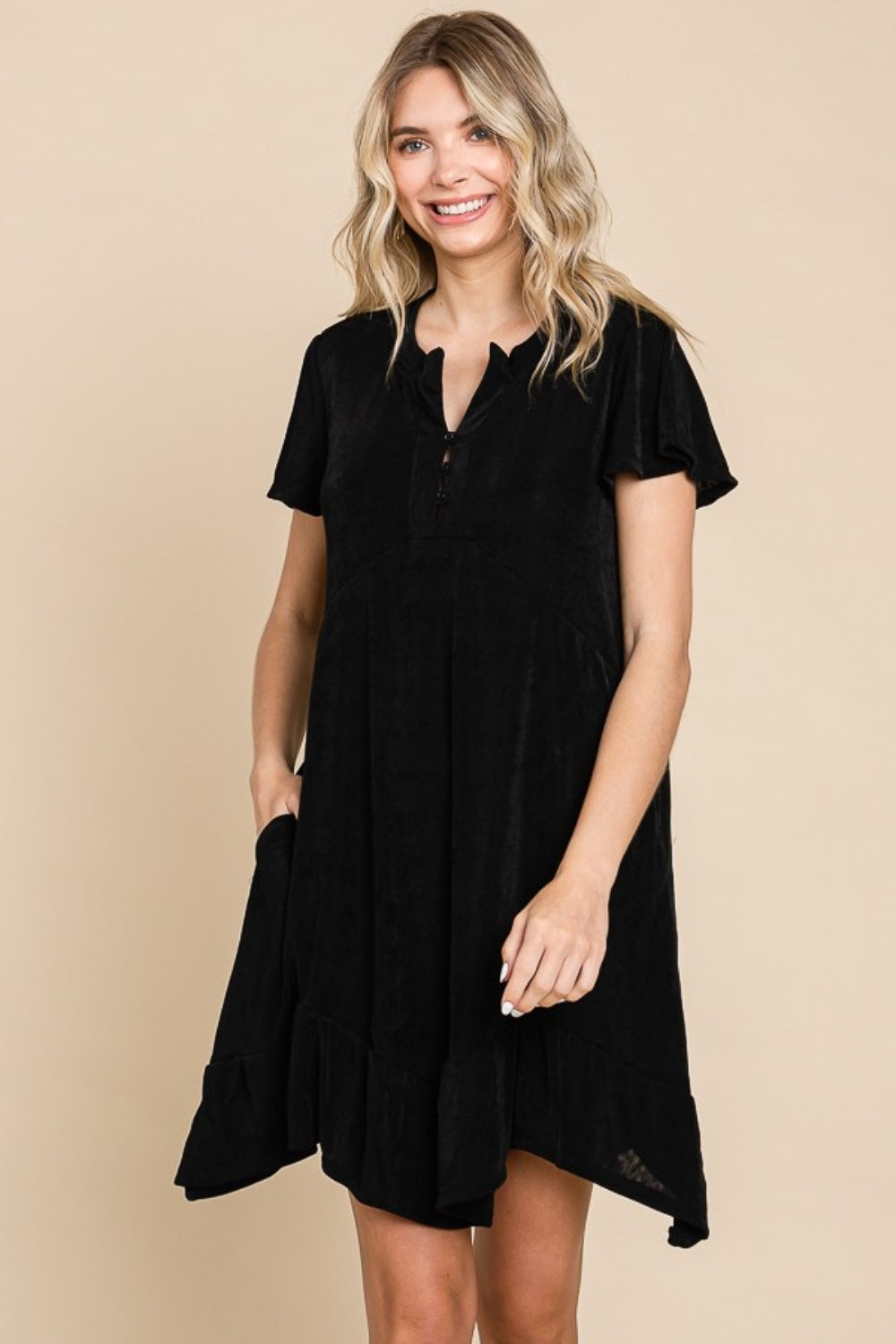 Culture Code Full Size Notched Short Sleeve Dress-TOPS / DRESSES-[Adult]-[Female]-Black-S-2022 Online Blue Zone Planet