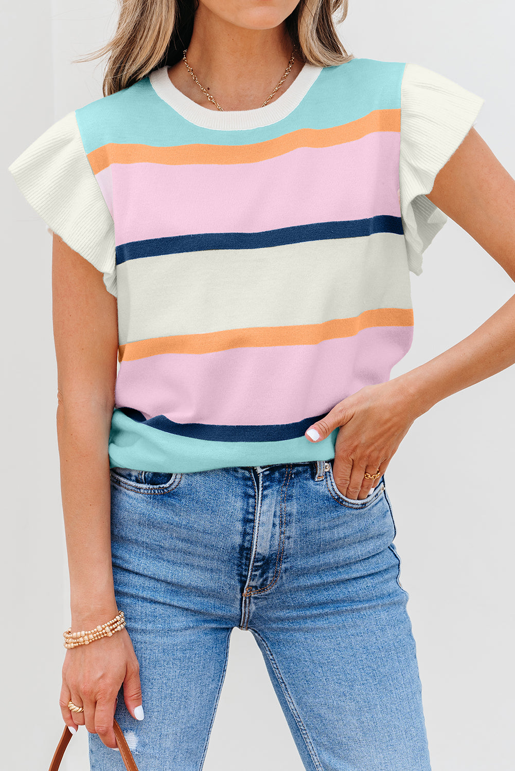 Multicolour Striped Color Block Flutter Sleeve Patchwork Sweater Top-TOPS / DRESSES-[Adult]-[Female]-2022 Online Blue Zone Planet