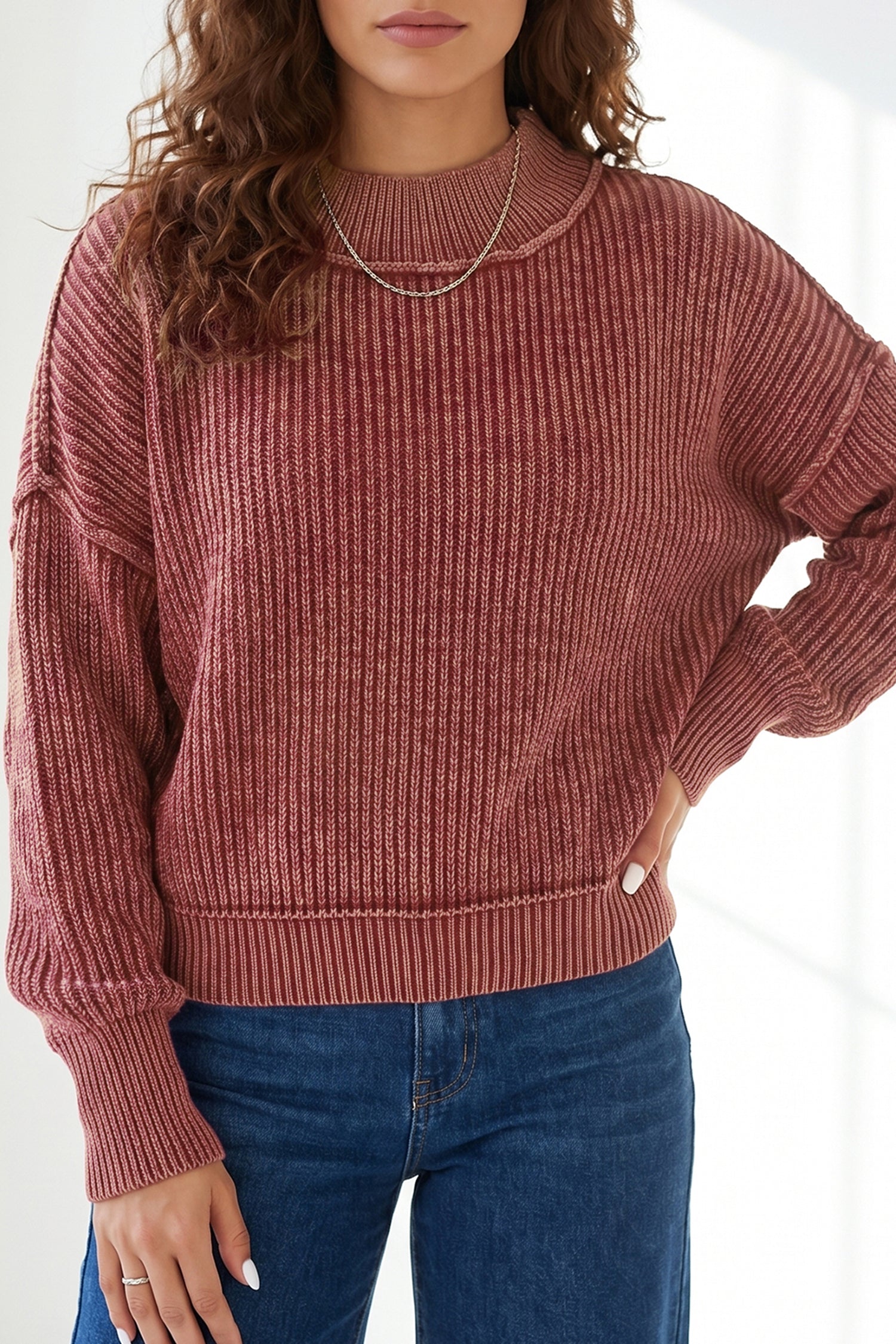 Red Dahlia Drop Shoulder High Neck Ribbed Sweater-Sweaters & Cardigans/Sweaters-[Adult]-[Female]-2022 Online Blue Zone Planet