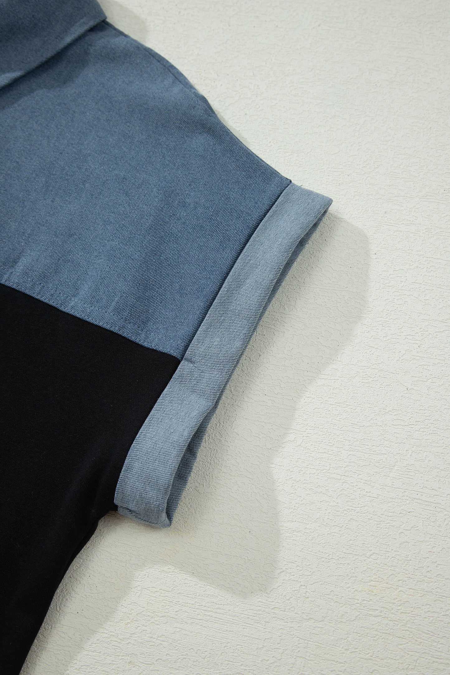 Black Color Block Denim Patchwork Button Polo Collar Short Sleeve Top-Tops/Blouses & Shirts-[Adult]-[Female]-2022 Online Blue Zone Planet