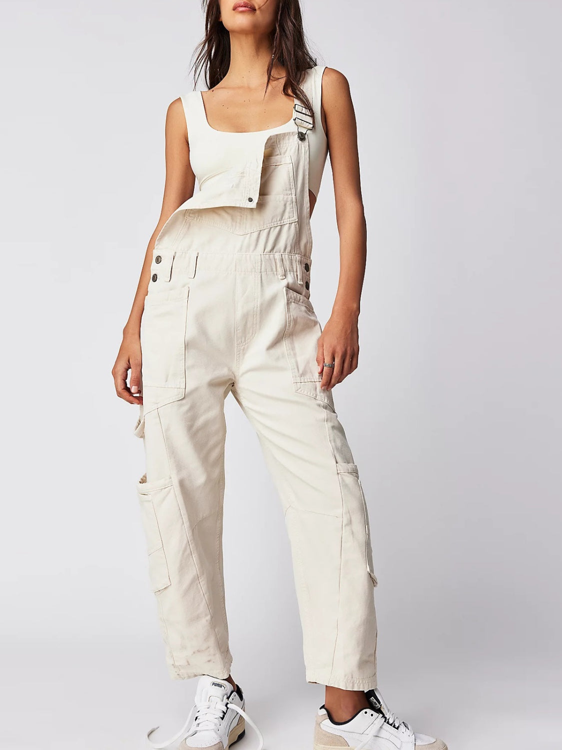 Pocketed Wide Strap Denim Overalls-BOTTOMS SIZES SMALL MEDIUM LARGE-[Adult]-[Female]-Ivory-S-2022 Online Blue Zone Planet