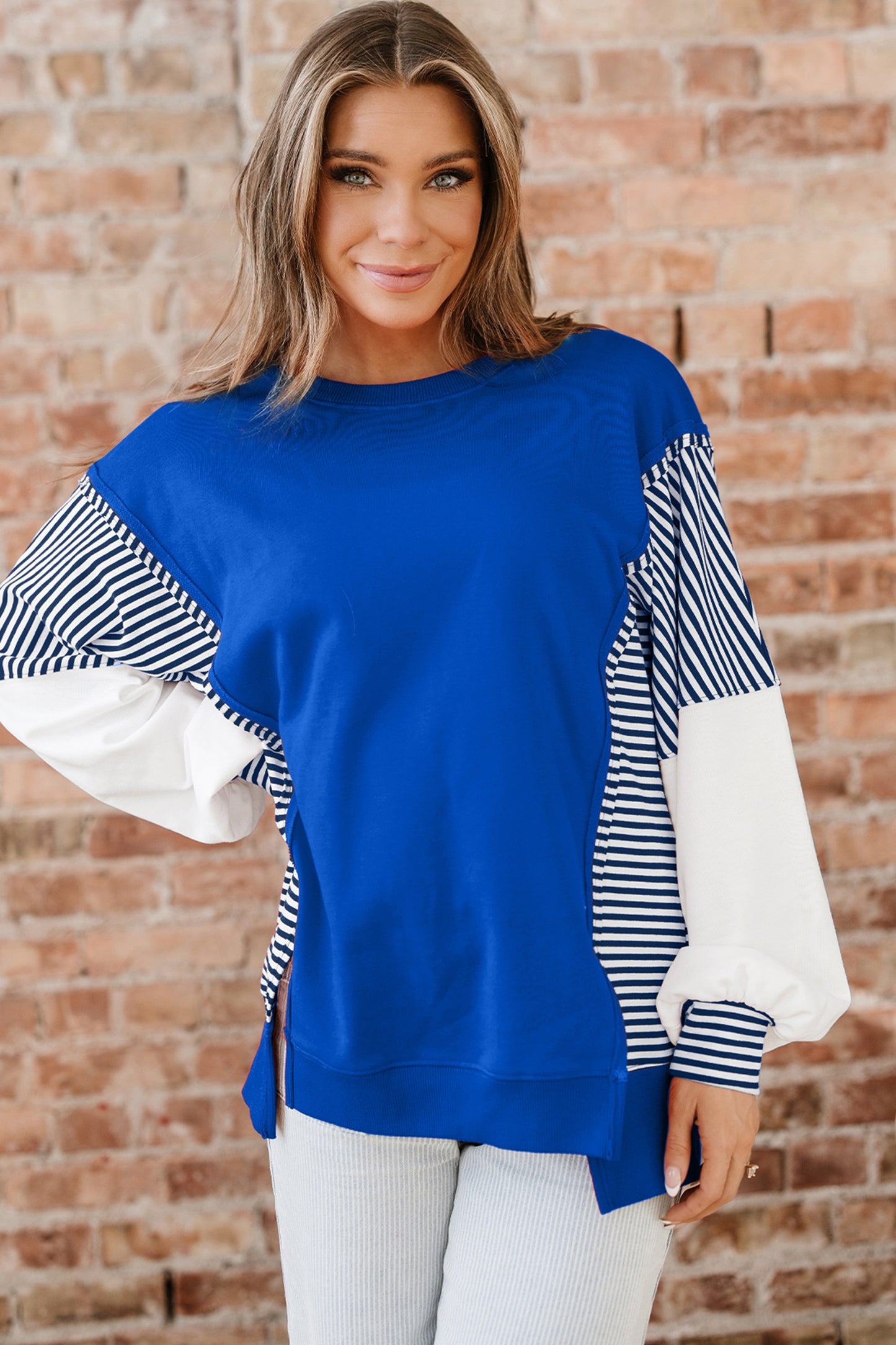 Dark Blue Striped Patchwork Sleeve Colorblock Sweatshirt-Tops/Sweatshirts & Hoodies-[Adult]-[Female]-2022 Online Blue Zone Planet