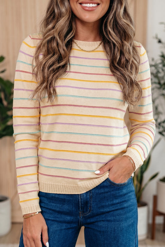 Beige Stripe Colorful Stripes Crew Neck Knit Sweater-TOPS / DRESSES-[Adult]-[Female]-Beige Stripe-S-2022 Online Blue Zone Planet