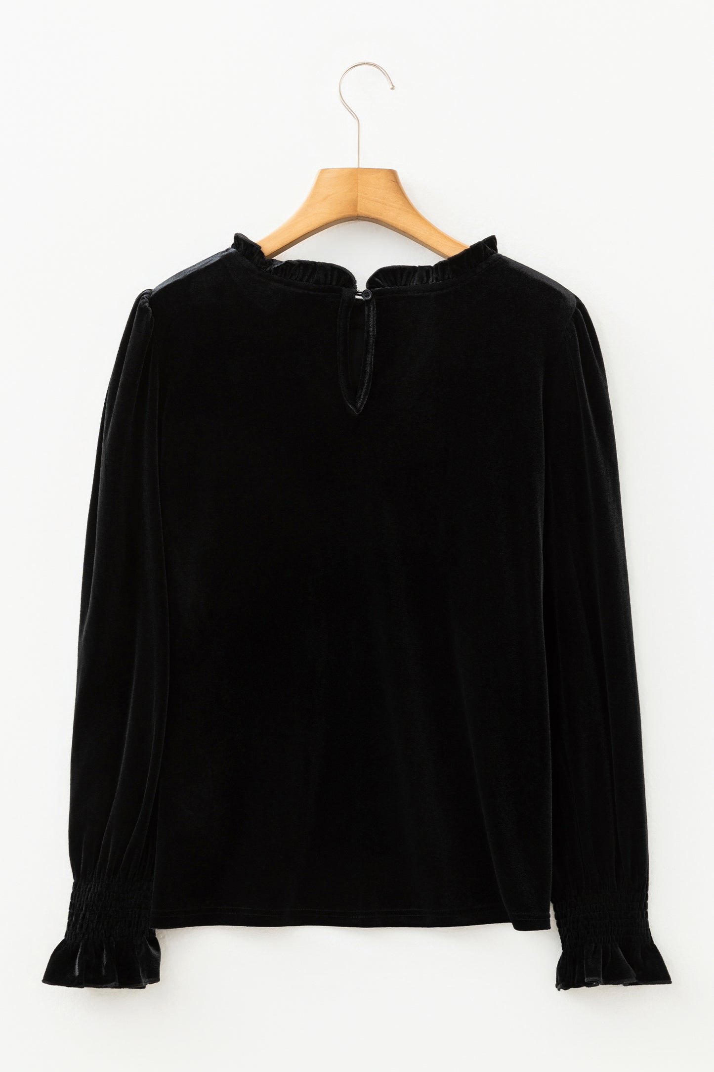 Black Frilled Collared Smocked Cuffs Puff Sleeve Velvet Blouse-Tops/Blouses & Shirts-[Adult]-[Female]-2022 Online Blue Zone Planet