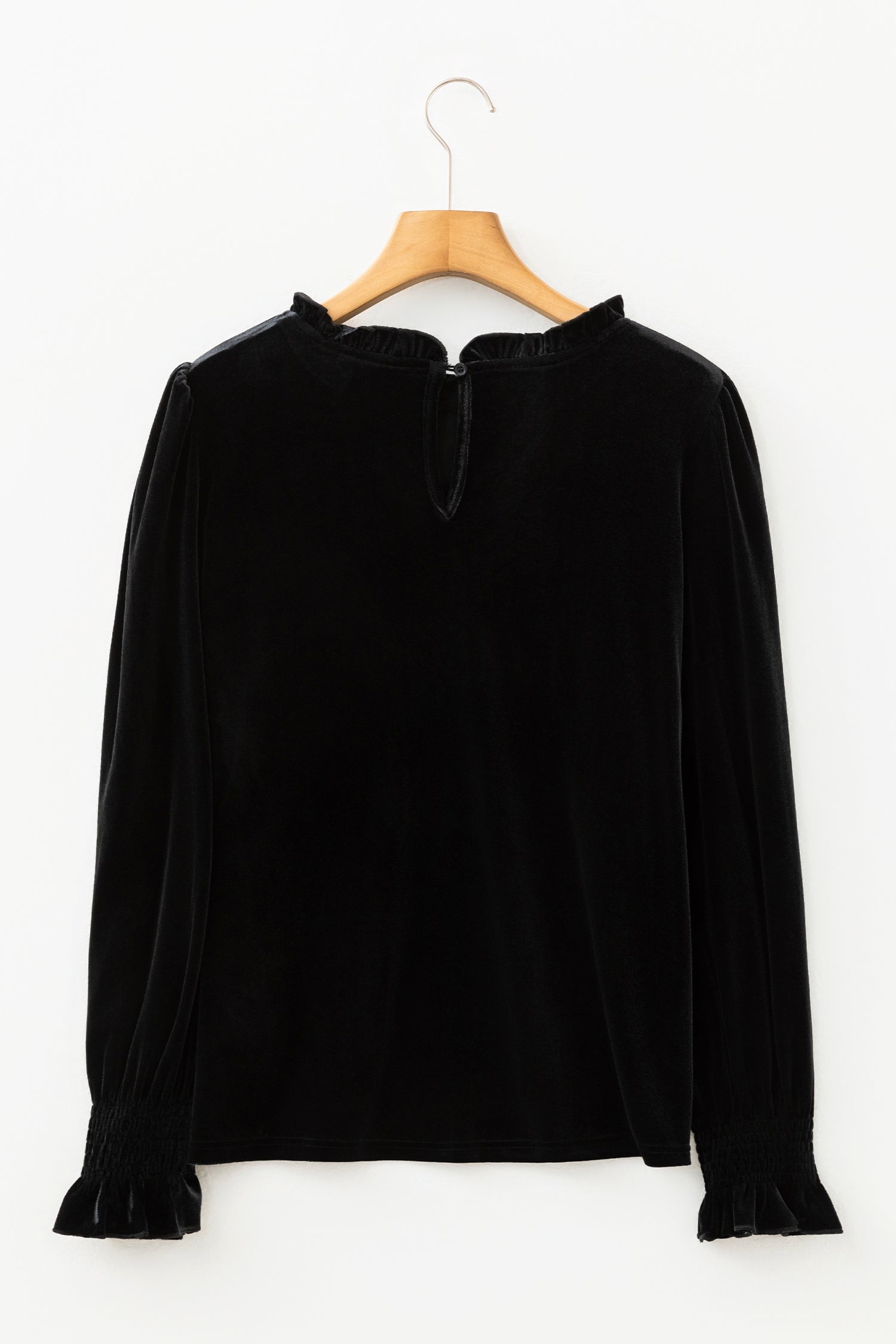 Black Frilled Collared Smocked Cuffs Puff Sleeve Velvet Blouse-Tops/Blouses & Shirts-[Adult]-[Female]-2022 Online Blue Zone Planet