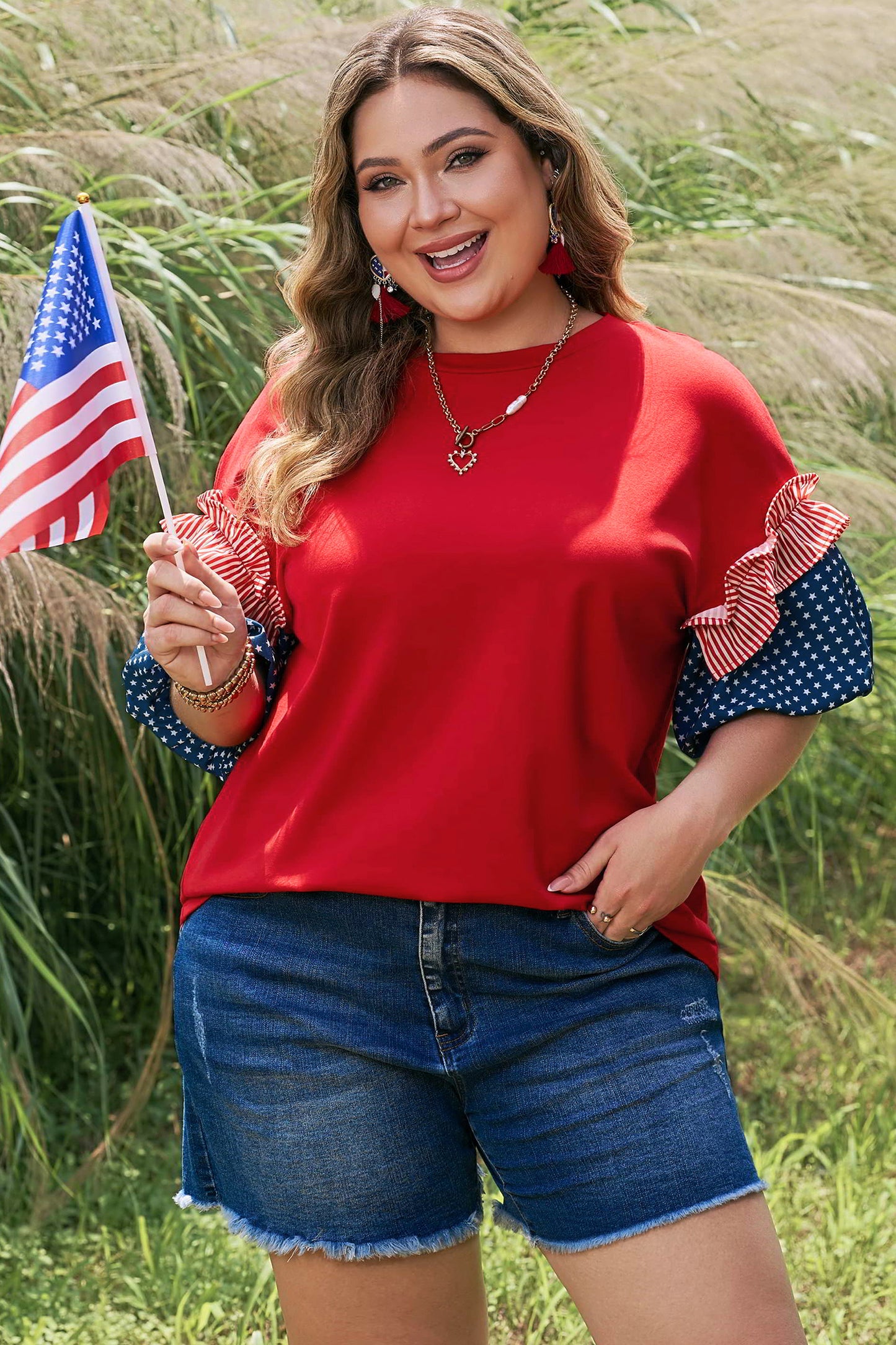 Fiery Red Plus Size Striped Ruffles Star Short Bubble Sleeve Patchwork Top-Plus Size/Plus Size Tops/Plus Size Tops & Tees-[Adult]-[Female]-2022 Online Blue Zone Planet