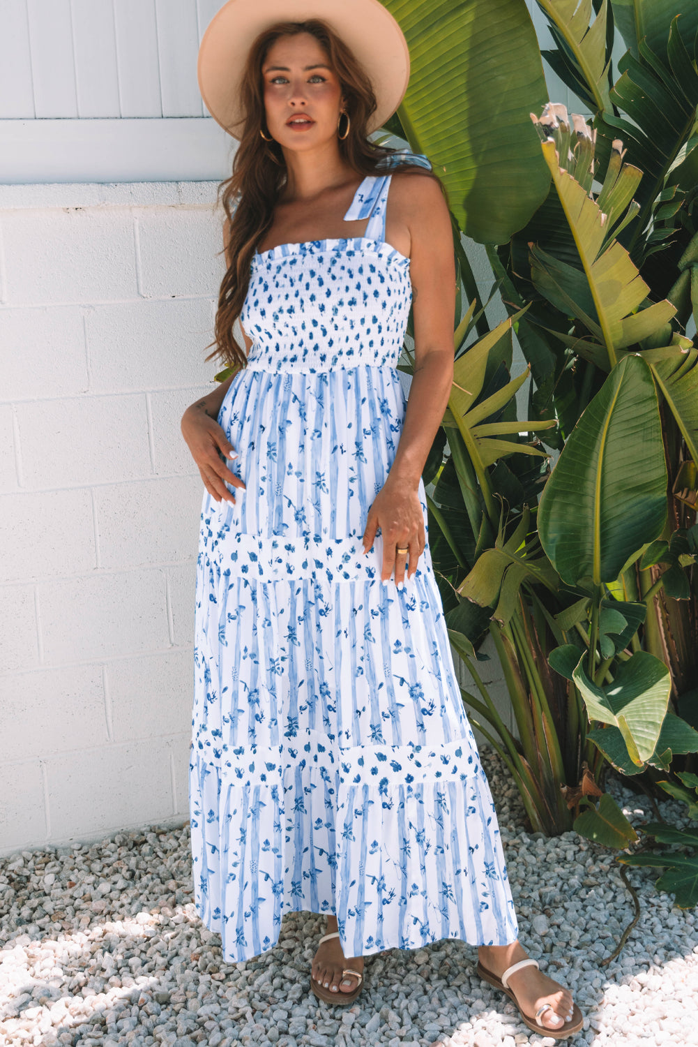 Sky Blue Floral Smocked A-Line Tie Straps Maxi Dress Sky Blue / L Sky Blue Floral Smocked A-Line Tie Straps Maxi Dress Sky Blue / L