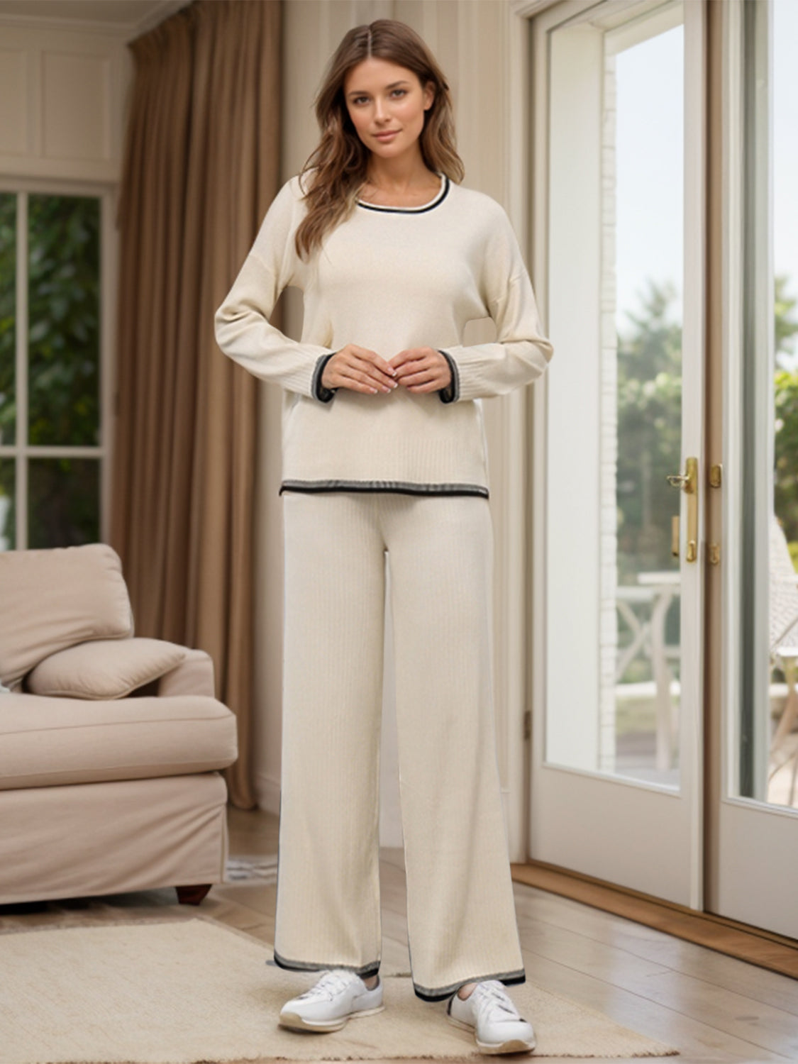 Blue Zone Planet | Contrast Trim Round Neck Top and Pants Sweater Set-TOPS / DRESSES-[Adult]-[Female]-Cream-One Size-2022 Online Blue Zone Planet