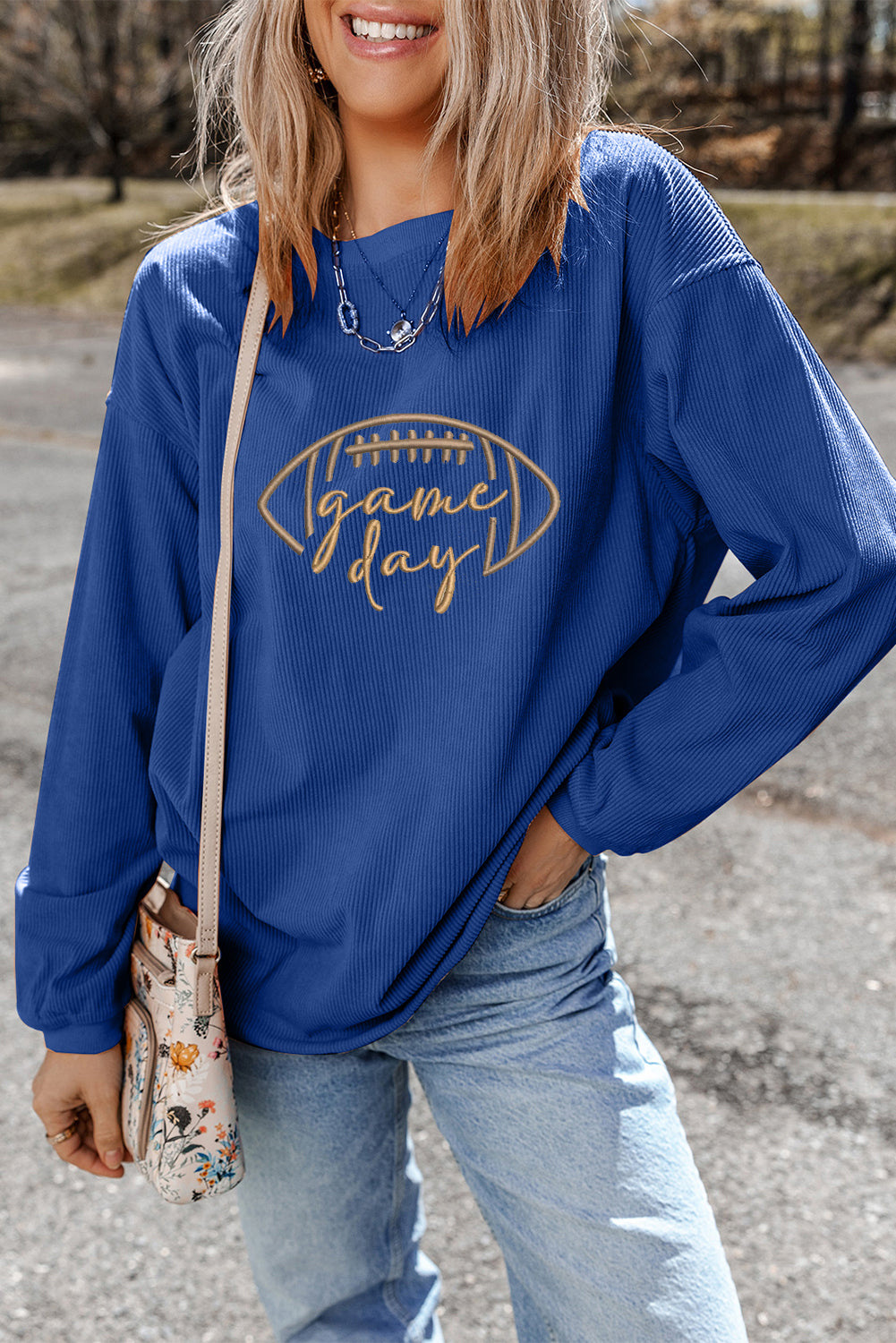 Dark Blue Rugby Game Day Embroidered Corduroy Sweatshirt-Graphic/Graphic Sweatshirts-[Adult]-[Female]-2022 Online Blue Zone Planet