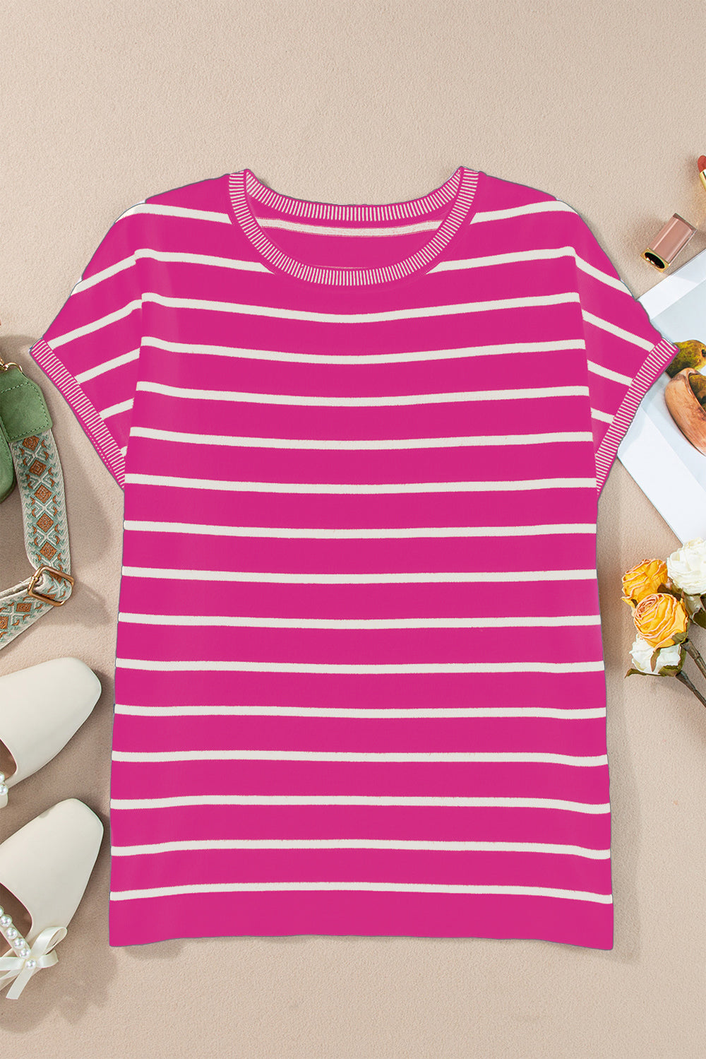 Striped Round Neck Cap Sleeve Knit Top-TOPS / DRESSES-[Adult]-[Female]-Hot Pink-S-2022 Online Blue Zone Planet