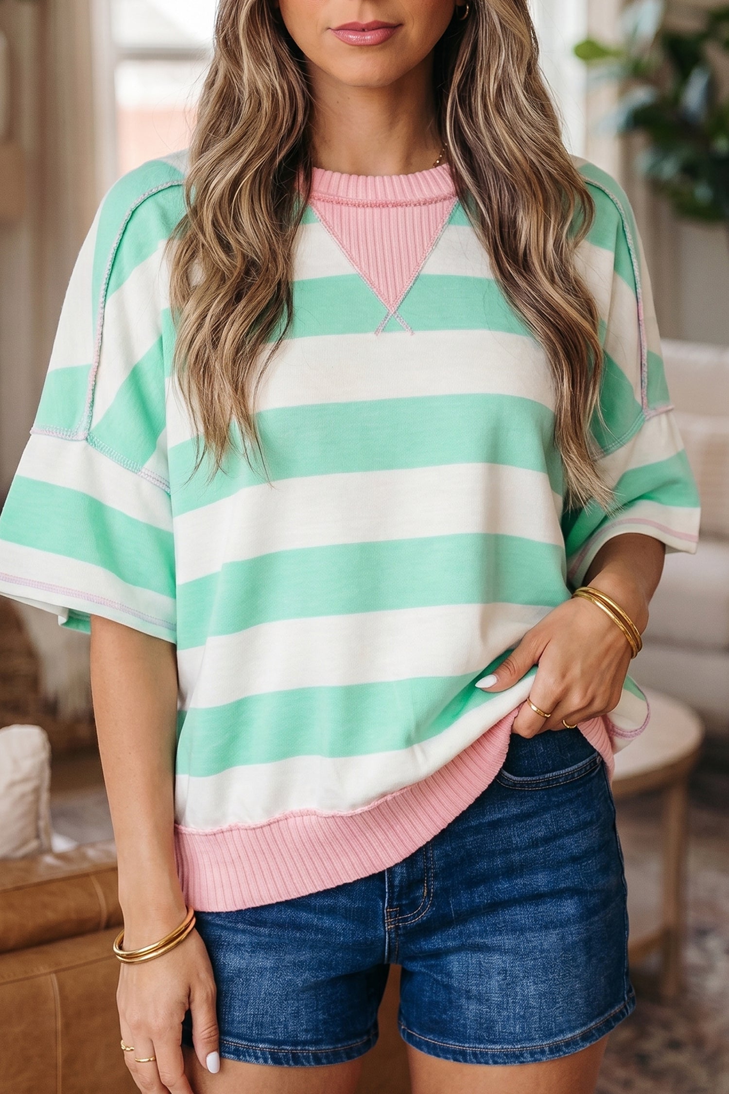 Pink Stripe Exposed Seam Ribbed Patchwork Oversized Tee-Tops/Tops & Tees-[Adult]-[Female]-2022 Online Blue Zone Planet