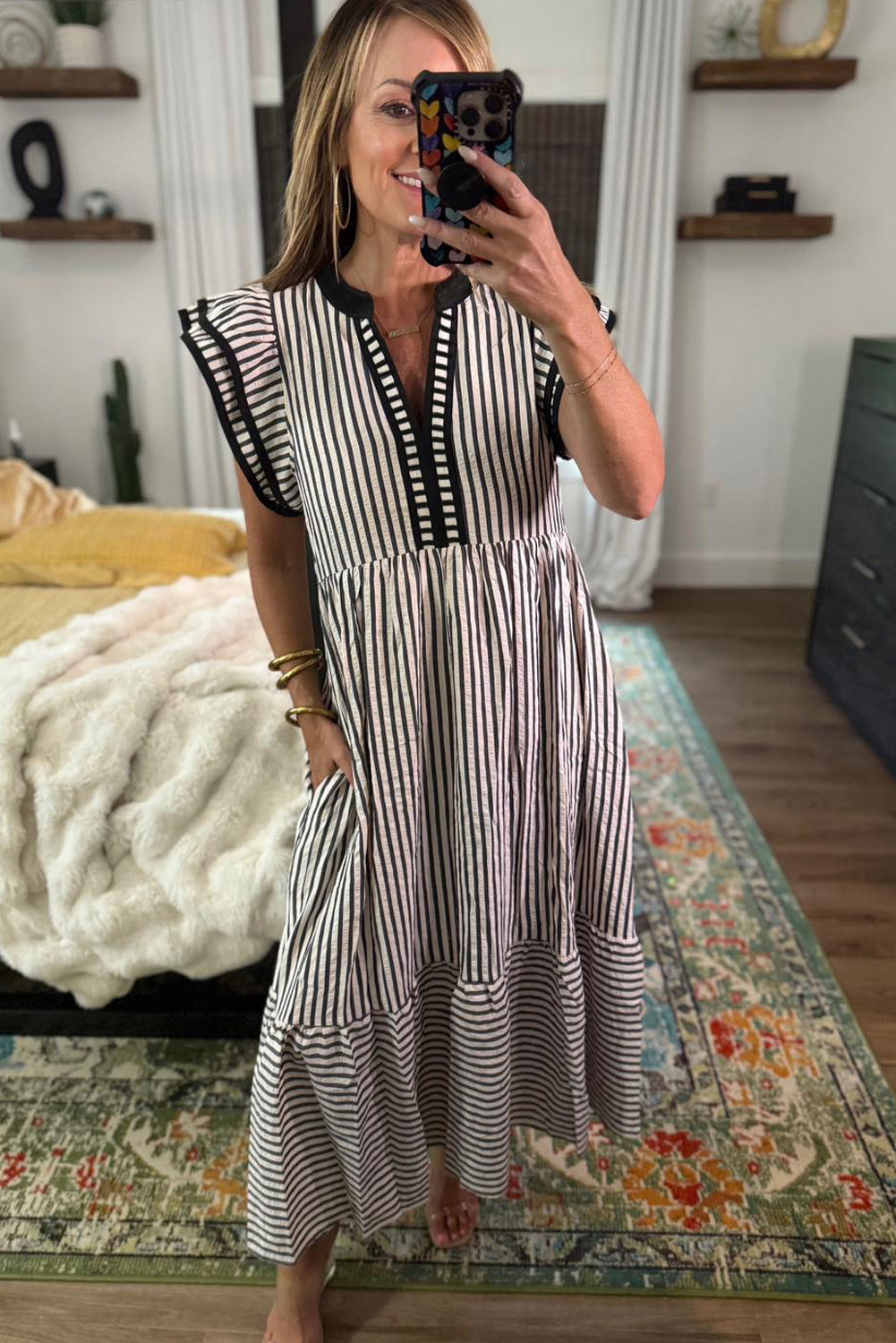 Black Stripe Double Ruffled Short Sleeve Contrast Trim V Neck Midi Dress-TOPS / DRESSES-[Adult]-[Female]-2022 Online Blue Zone Planet