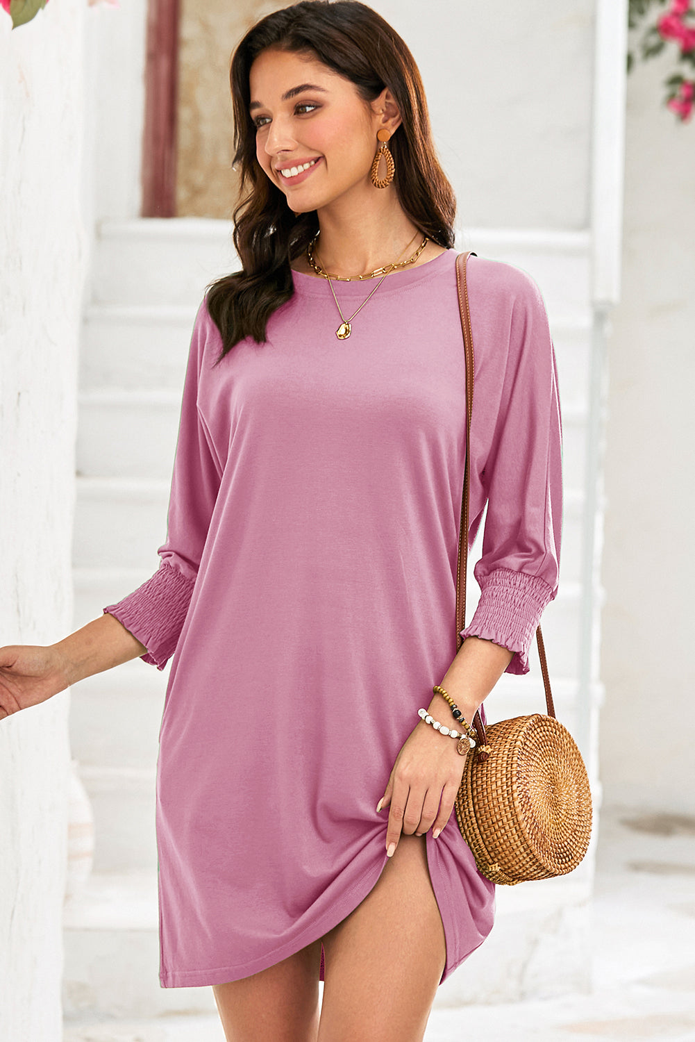 Pink Shirred Cuff 3/4 Sleeve T Shirt Mini Dress