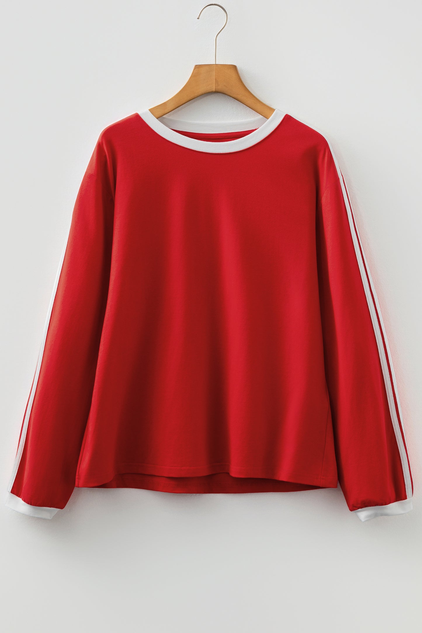 Fiery Red Varsity Striped Accent Contrast Crew Neck Long Sleeve T Shirt-Tops/Long Sleeve Tops-[Adult]-[Female]-2022 Online Blue Zone Planet
