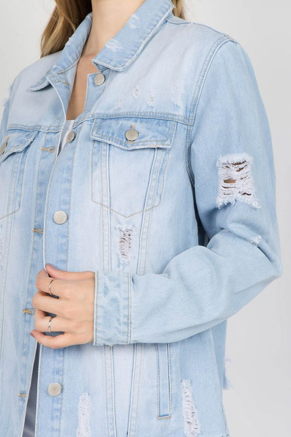 Blue Zone Planet |  American Bazi Letter Patched Distressed Denim Jacket BLUE ZONE PLANET