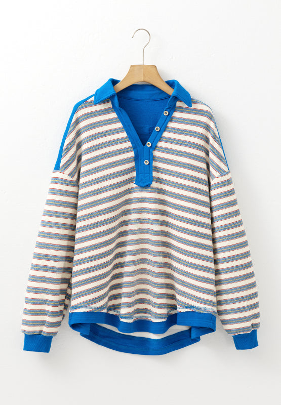 Striped Johnny Collar Long Sleeve Sweatshirt-TOPS / DRESSES-[Adult]-[Female]-2022 Online Blue Zone Planet