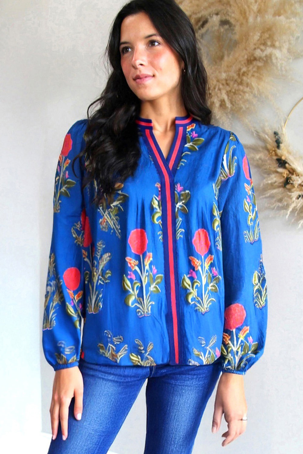 Blue Floral Print Contrast Striped Trim Notched Neck Long Sleeve Blouse-Tops/Blouses & Shirts-[Adult]-[Female]-2022 Online Blue Zone Planet