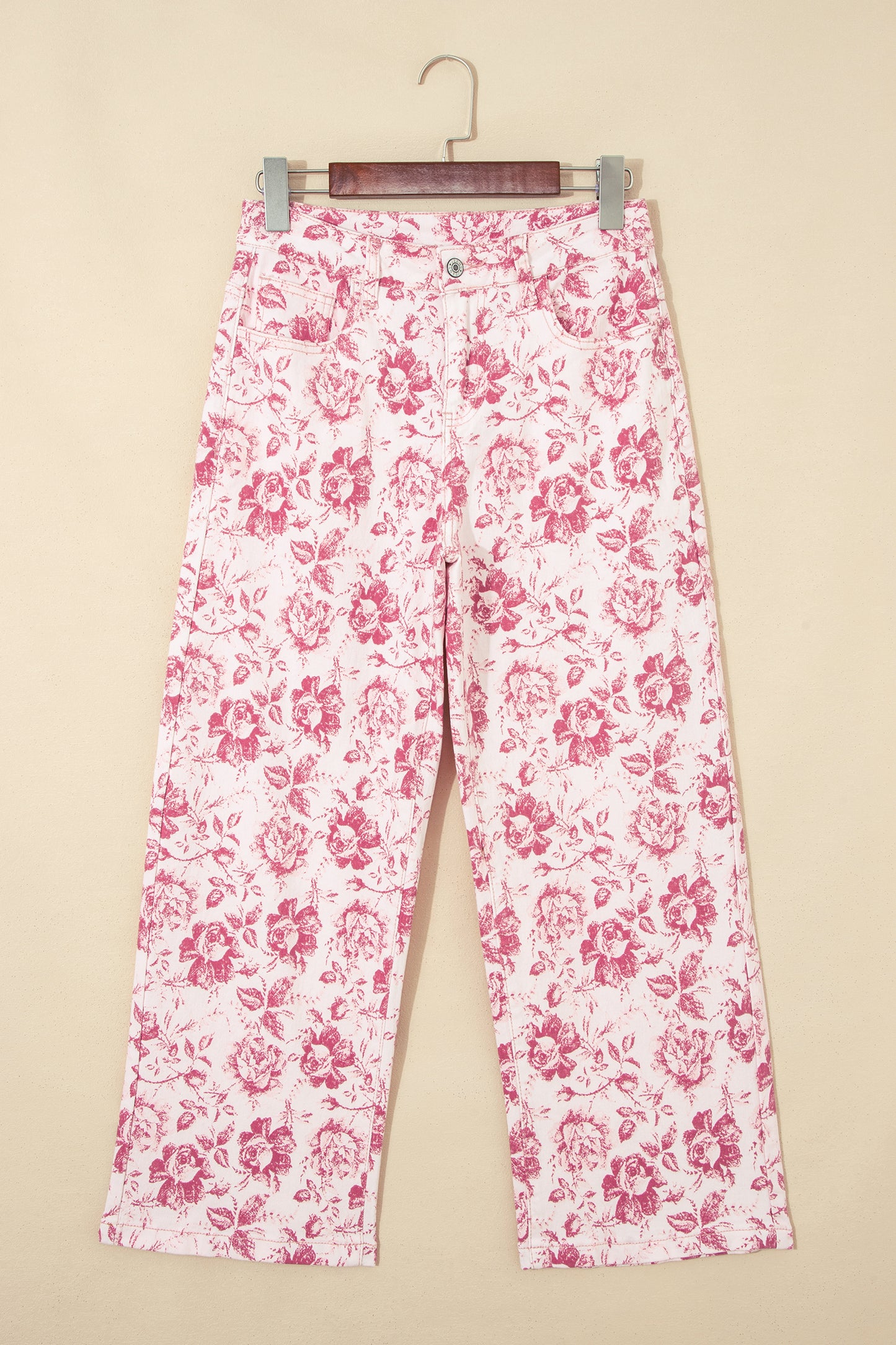 Pink Vintage Floral Print Denim Shift Pants-Bottoms/Jeans-[Adult]-[Female]-2022 Online Blue Zone Planet