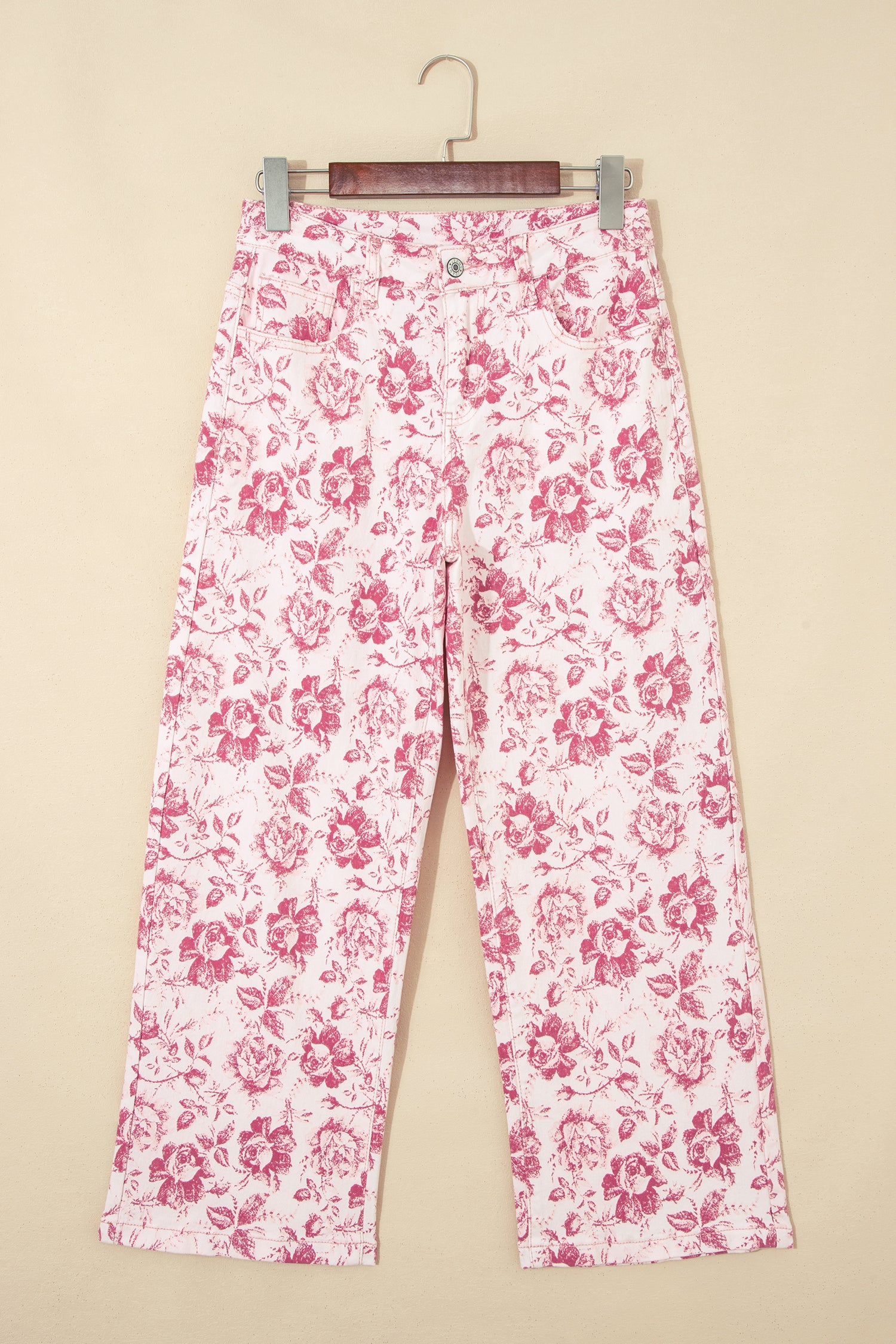 Pink Vintage Floral Print Denim Shift Pants-Bottoms/Jeans-[Adult]-[Female]-2022 Online Blue Zone Planet