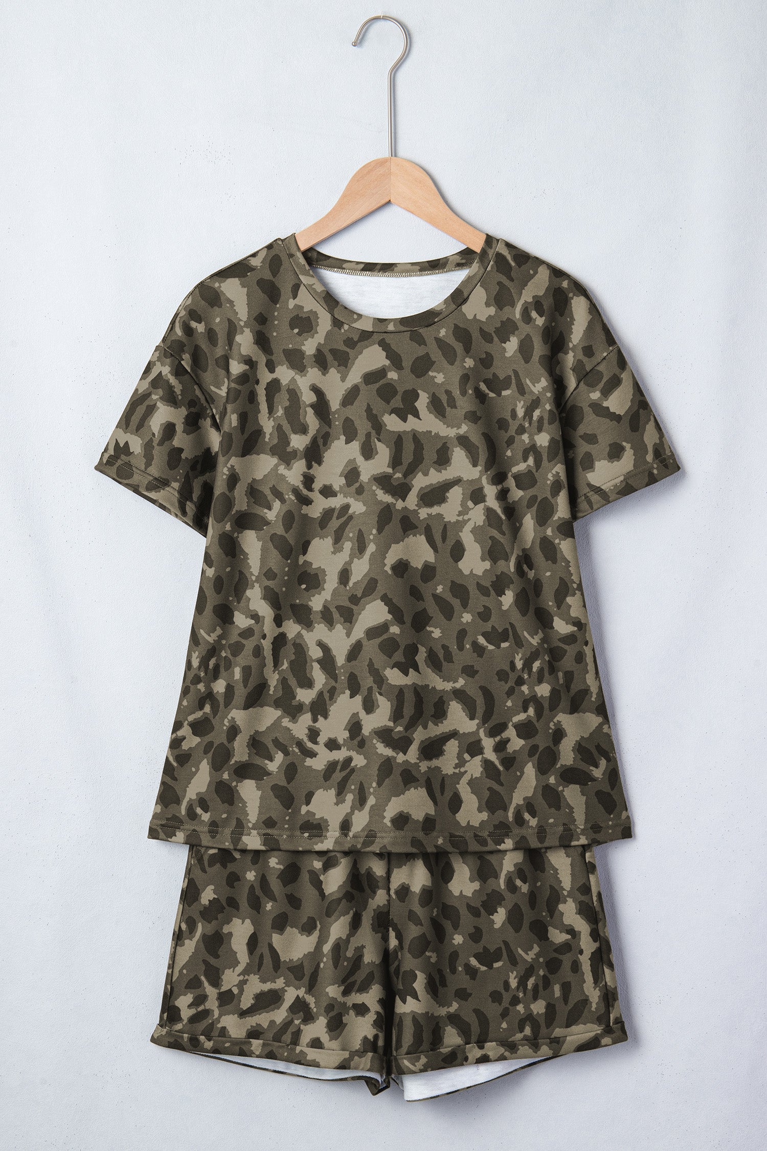 Brown Leopard Print Crew Neck Short Set-Two Piece Sets/Short Sets-[Adult]-[Female]-2022 Online Blue Zone Planet