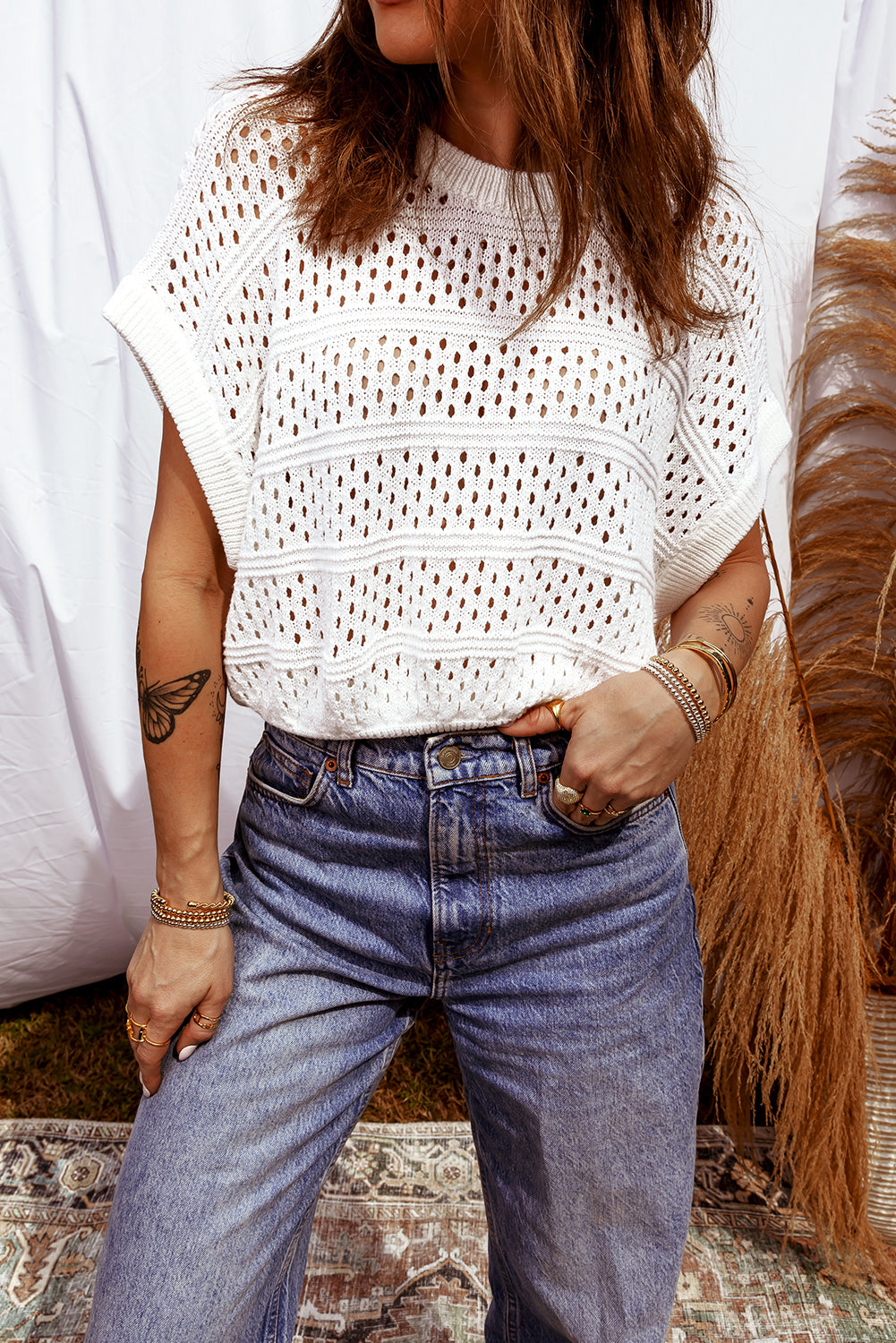 White Hollow Out Knit Round Neck Dolman Sweater-Sweaters & Cardigans/Short Sleeve Sweaters-[Adult]-[Female]-2022 Online Blue Zone Planet