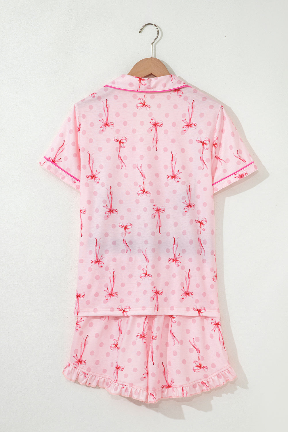 Pink Bow Print Contrast Pipping Short Pajamas Set-Loungewear & Sleepwear/Sleepwear-[Adult]-[Female]-2022 Online Blue Zone Planet