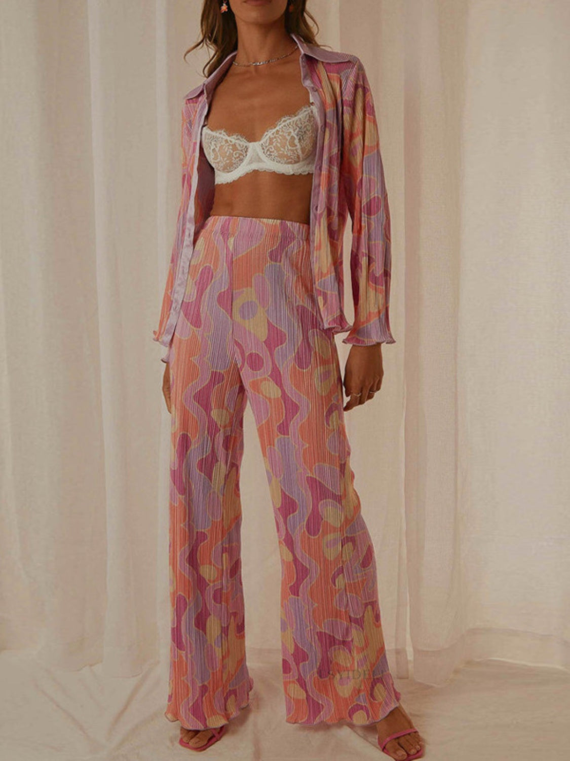 Printed Collared Neck Long Sleeve Top and Pants Lounge Set-TOPS / DRESSES-[Adult]-[Female]-Deep Rose-S-2022 Online Blue Zone Planet