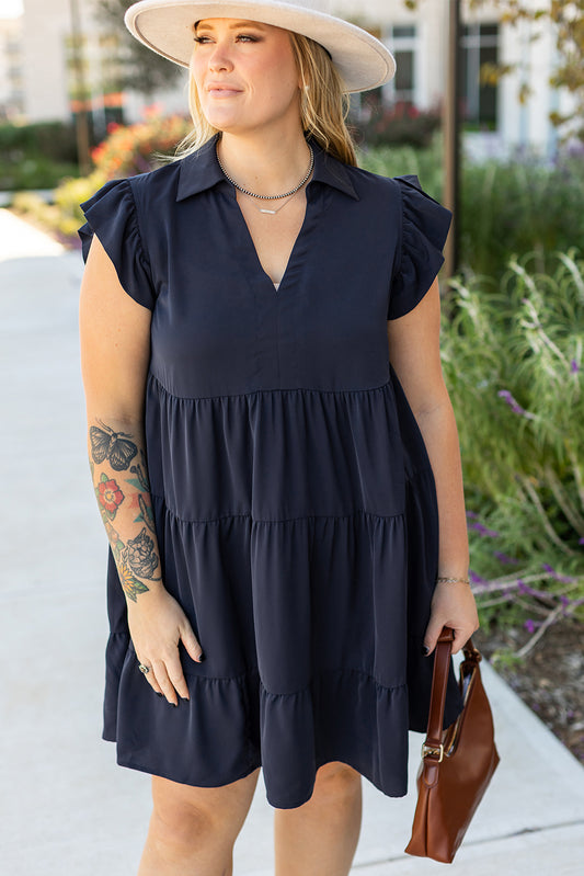 Navy Blue Collared V Neck Flutter Sleeve Tiered Plus Size Dress-Plus Size/Plus Size Dresses/Plus Size Mini Dresses-[Adult]-[Female]-Navy Blue-1X-2022 Online Blue Zone Planet