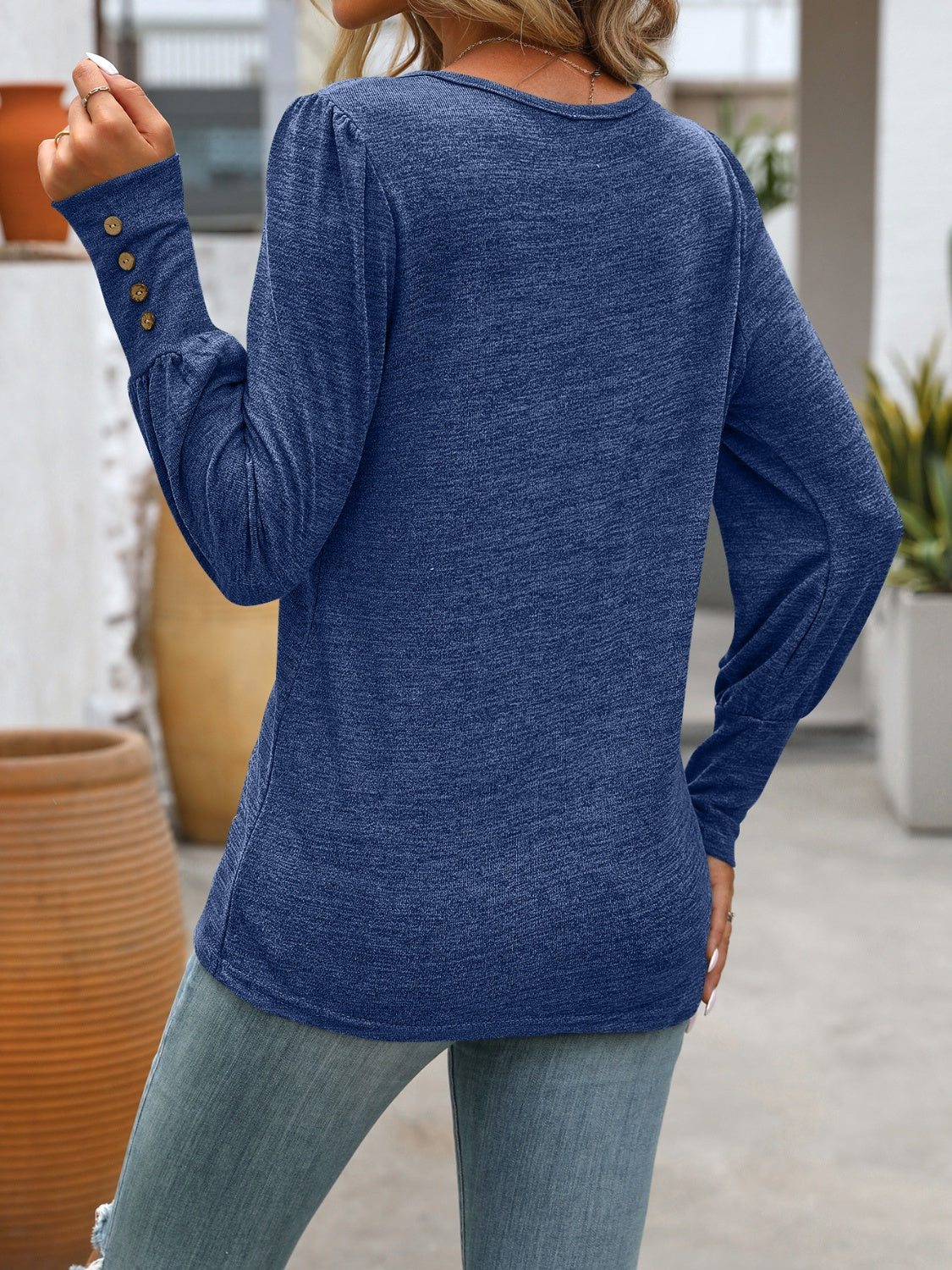 Blue Zone Planet | Decorative Button Round Neck Long Sleeve T-Shirt-TOPS / DRESSES-[Adult]-[Female]-2022 Online Blue Zone Planet