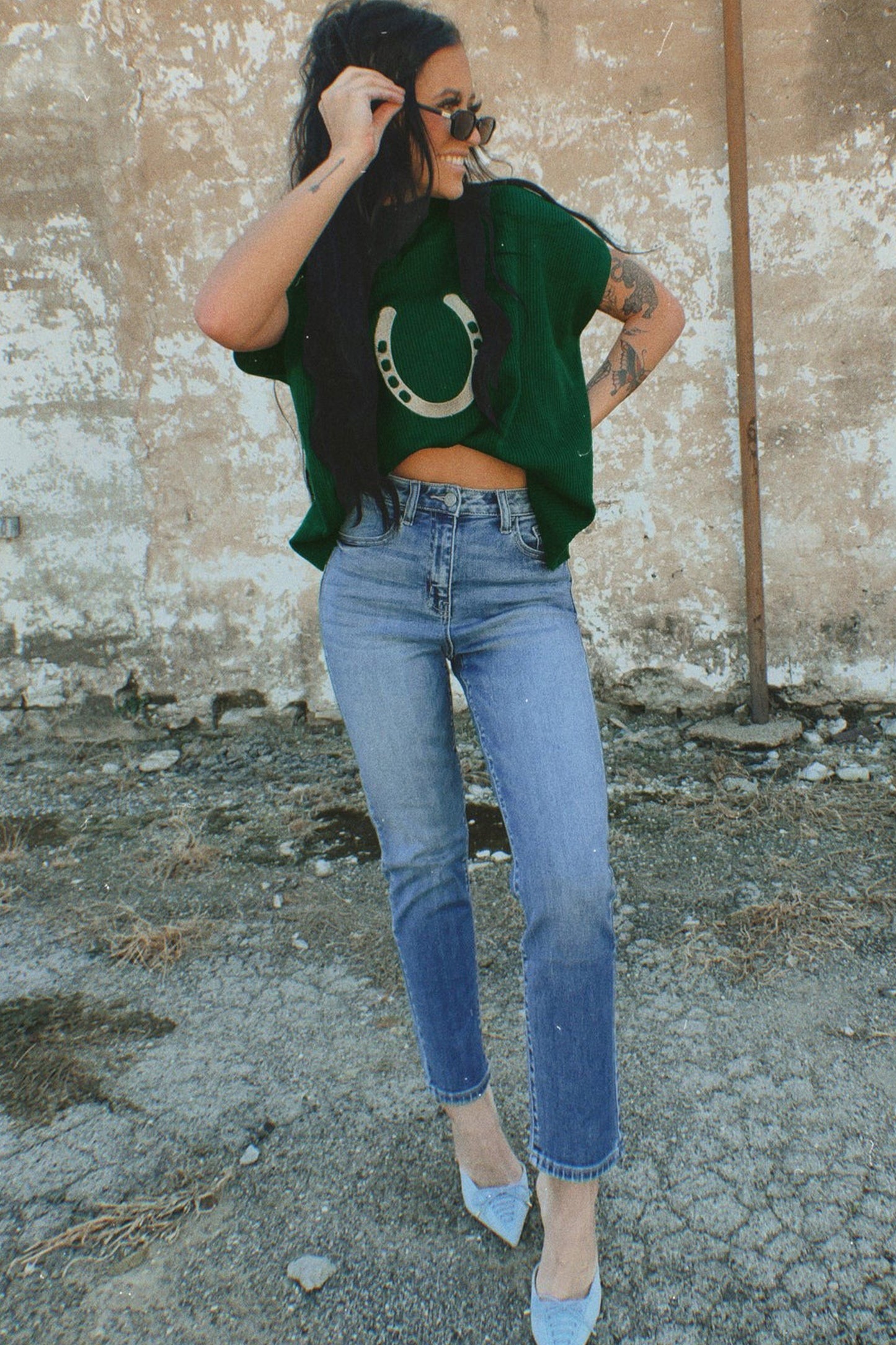 Blackish Green Horseshoe Graphic Western Short Sleeve Sweater-TOPS / DRESSES-[Adult]-[Female]-2022 Online Blue Zone Planet