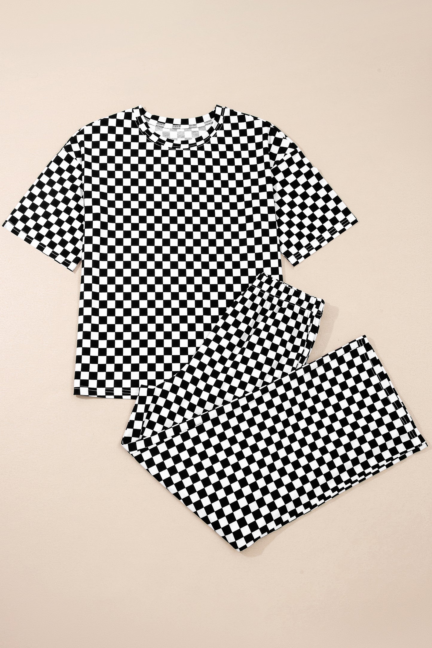 Black Checkered Print Half Sleeve Tee 2pcs Lounge Pant Set-Loungewear & Sleepwear/Loungewear-[Adult]-[Female]-2022 Online Blue Zone Planet