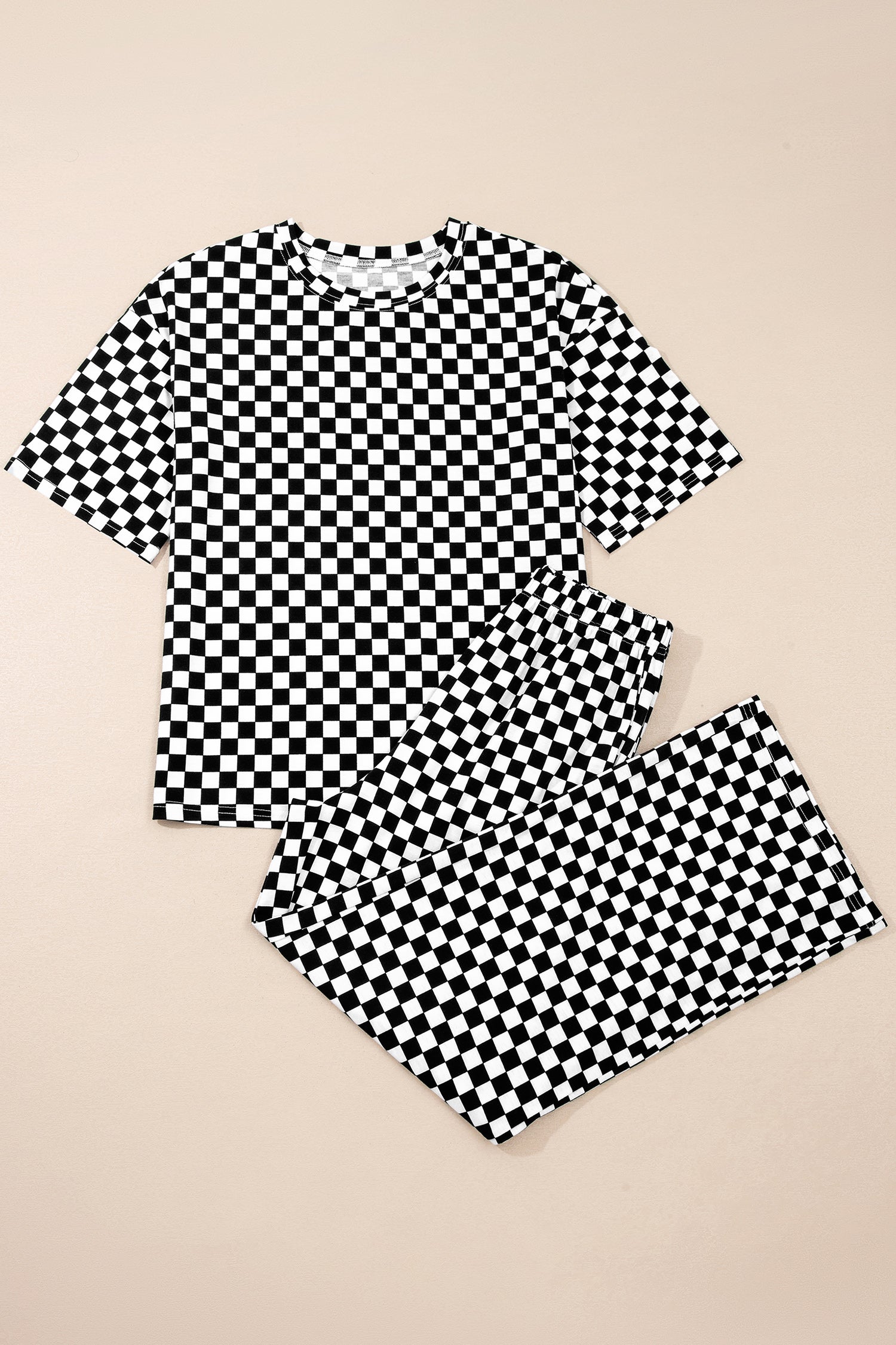 Black Checkered Print Half Sleeve Tee 2pcs Lounge Pant Set-Loungewear & Sleepwear/Loungewear-[Adult]-[Female]-2022 Online Blue Zone Planet