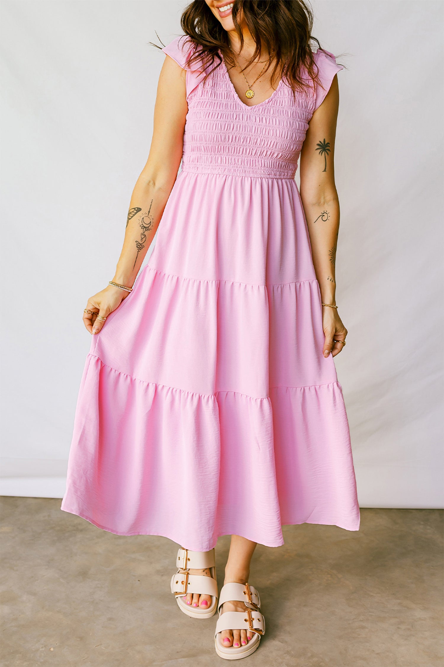 Pink Smocked Bodice Flutter Sleeve Fit Flare Tiered Midi Dress-Dresses/Midi Dresses-[Adult]-[Female]-Pink-S-2022 Online Blue Zone Planet