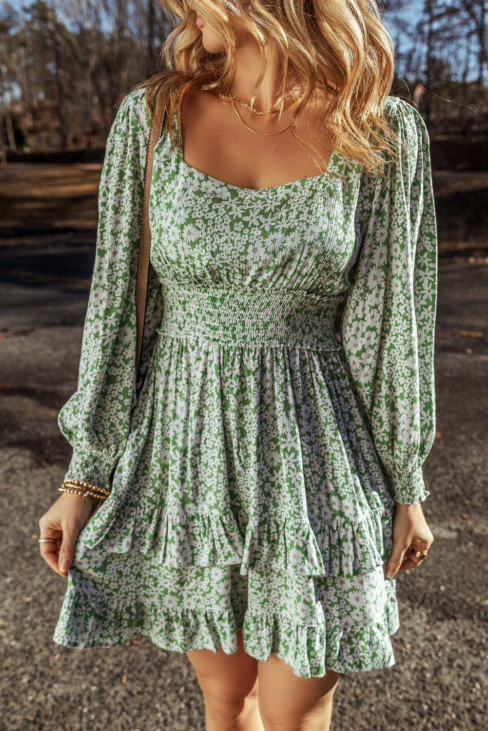 Blue Zone Planet | Green Floral Print Square Neck Shirred Waist Tiered Ruffled Mini Dress-TOPS / DRESSES-[Adult]-[Female]-2022 Online Blue Zone Planet