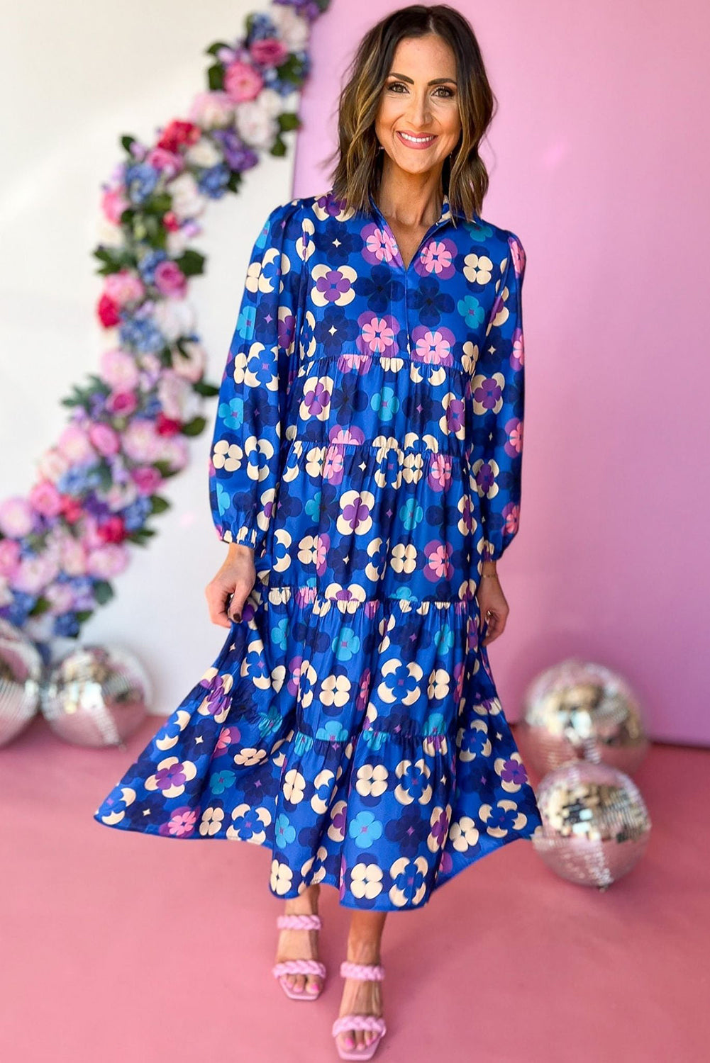 Blue Floral Peasant Sleeve Tiered Ruffle Midi Dress-Dresses/Midi Dresses-[Adult]-[Female]-2022 Online Blue Zone Planet