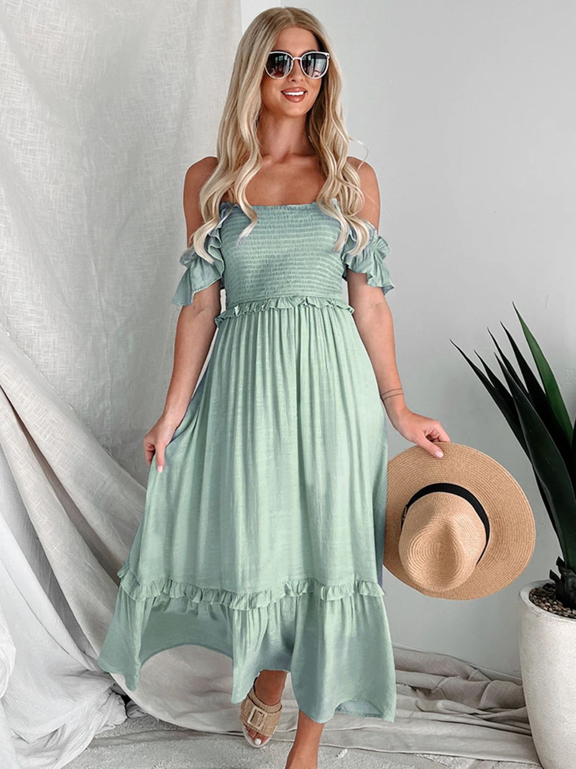 Blue Zone Planet | Frill Smocked Off-Shoulder Ruffle Sleeve Dress-TOPS / DRESSES-[Adult]-[Female]-2022 Online Blue Zone Planet