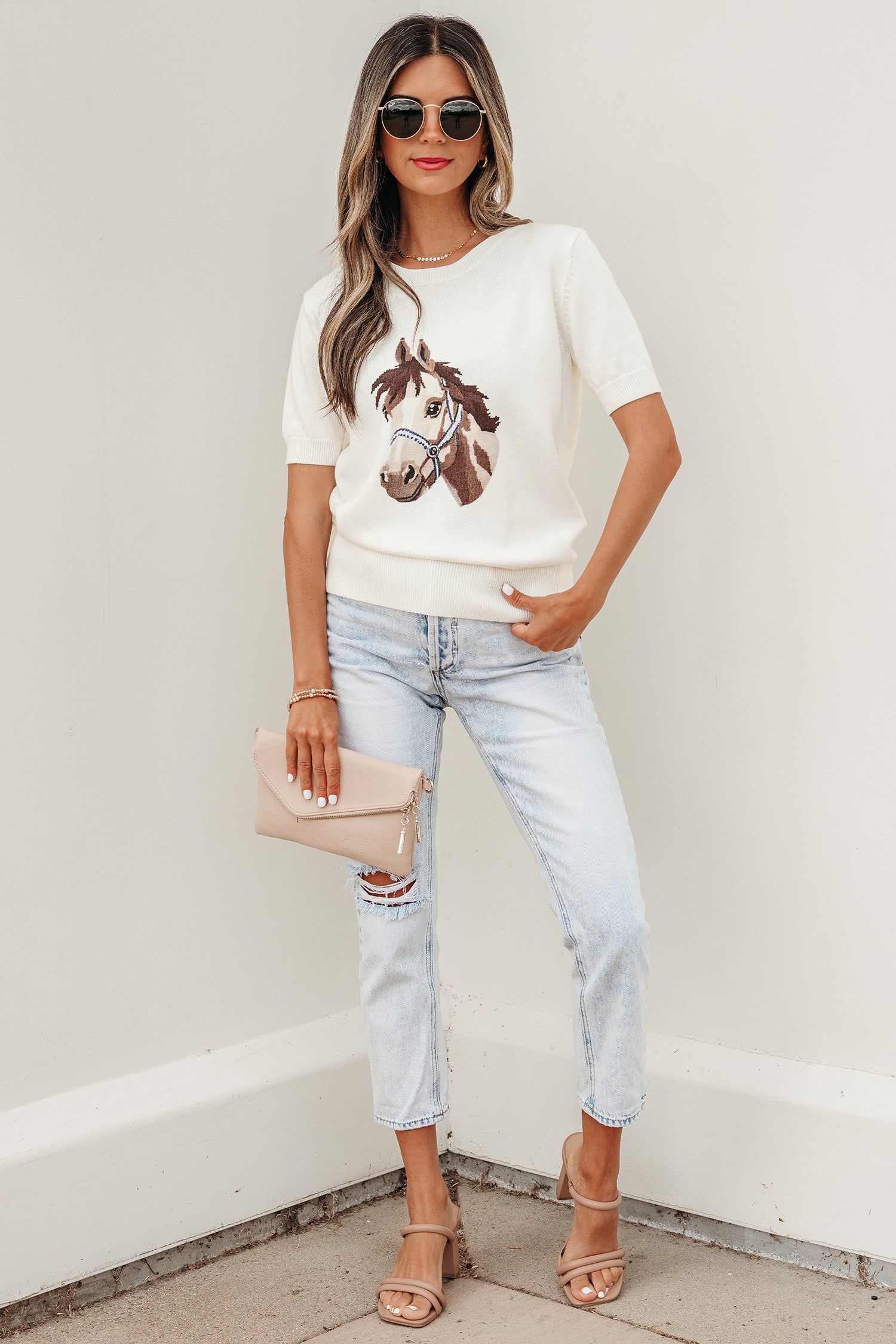 White Wild West Horse Head Printed Short Sleeve Sweater-TOPS / DRESSES-[Adult]-[Female]-2022 Online Blue Zone Planet