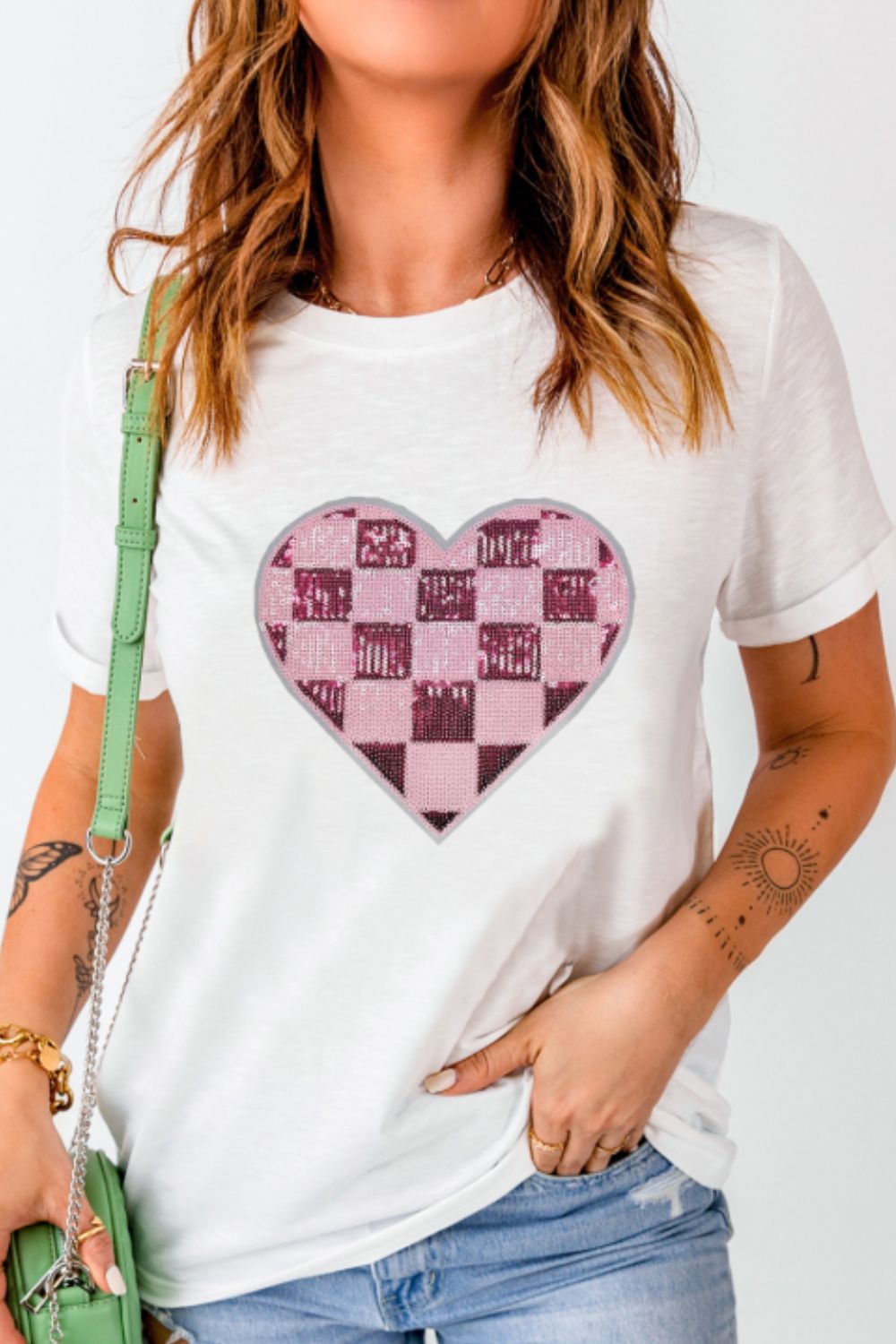 Sequin Checkered Heart Round Neck Short Sleeve T-Shirt-TOPS / DRESSES-[Adult]-[Female]-2022 Online Blue Zone Planet