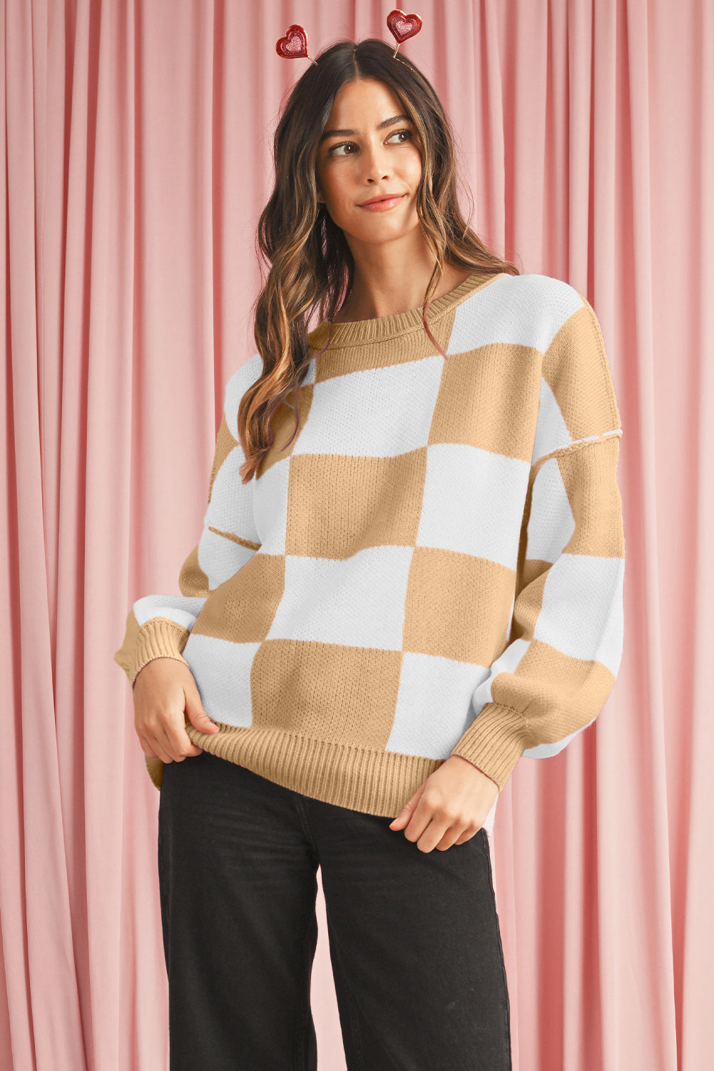 Blue Zone Planet | Pink Checked Bishop Sleeve Pullover Sweater-Sweaters-[Adult]-[Female]-Khaki-XS-2022 Online Blue Zone Planet