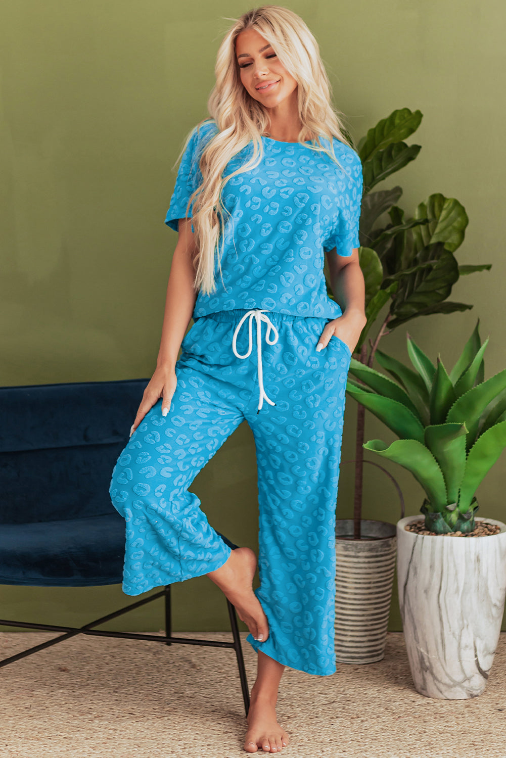 Blue Zone Planet | Blue Leopard Jacquard Short Sleeve Top and Wide Leg Pants Set-Two Piece Sets/Pant Sets-[Adult]-[Female]-2022 Online Blue Zone Planet