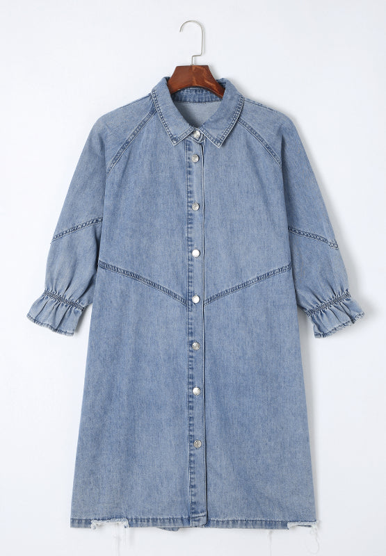 Blue Zone Planet | Distressed Collared Neck Flounce Sleeve Denim Dress-TOPS / DRESSES-[Adult]-[Female]-2022 Online Blue Zone Planet