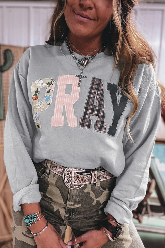 Gray Floral Buffalo Plaid Striped Embroidered Patch Western Pullover Sweatshirt-Tops/Sweatshirts & Hoodies-[Adult]-[Female]-Green Bay-S-2022 Online Blue Zone Planet