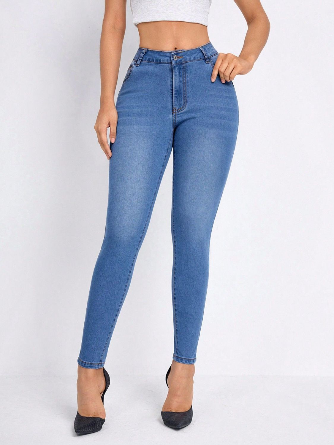 High Rise Skinny Jeans with Pockets-[Adult]-[Female]-Medium-XS-2022 Online Blue Zone Planet