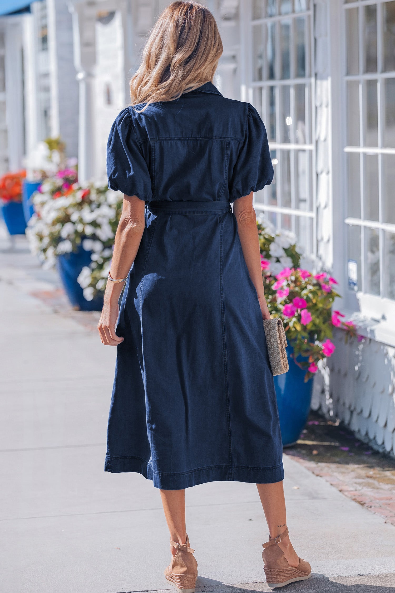 Beau Blue Full Buttons Collared Short Bubble Sleeve Long Denim Dress-Dresses/Midi Dresses-[Adult]-[Female]-2022 Online Blue Zone Planet