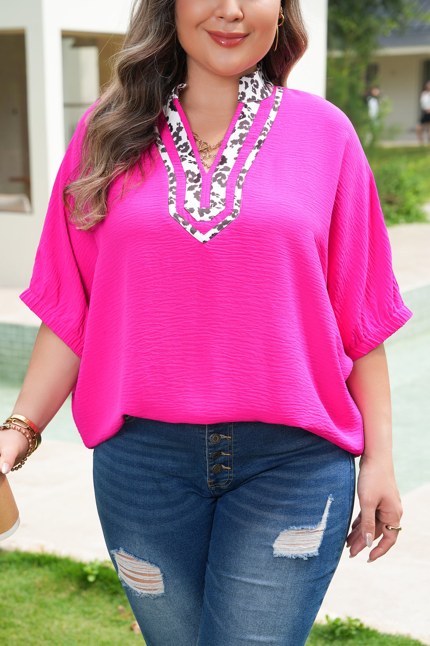 Rose Red Leopard Accent Notched Neck Plus Size Short Sleeve Top-Plus Size/Plus Size Tops/Plus Size Blouses & Shirts-[Adult]-[Female]-2022 Online Blue Zone Planet