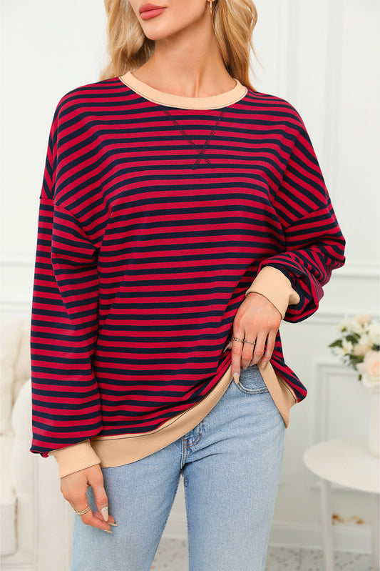 Red Stripe Contrast Ribbed Trim Crossed Stitch Drop Shoulder Sweatshirt-Tops/Sweatshirts & Hoodies-[Adult]-[Female]-Red Stripe-S-2022 Online Blue Zone Planet