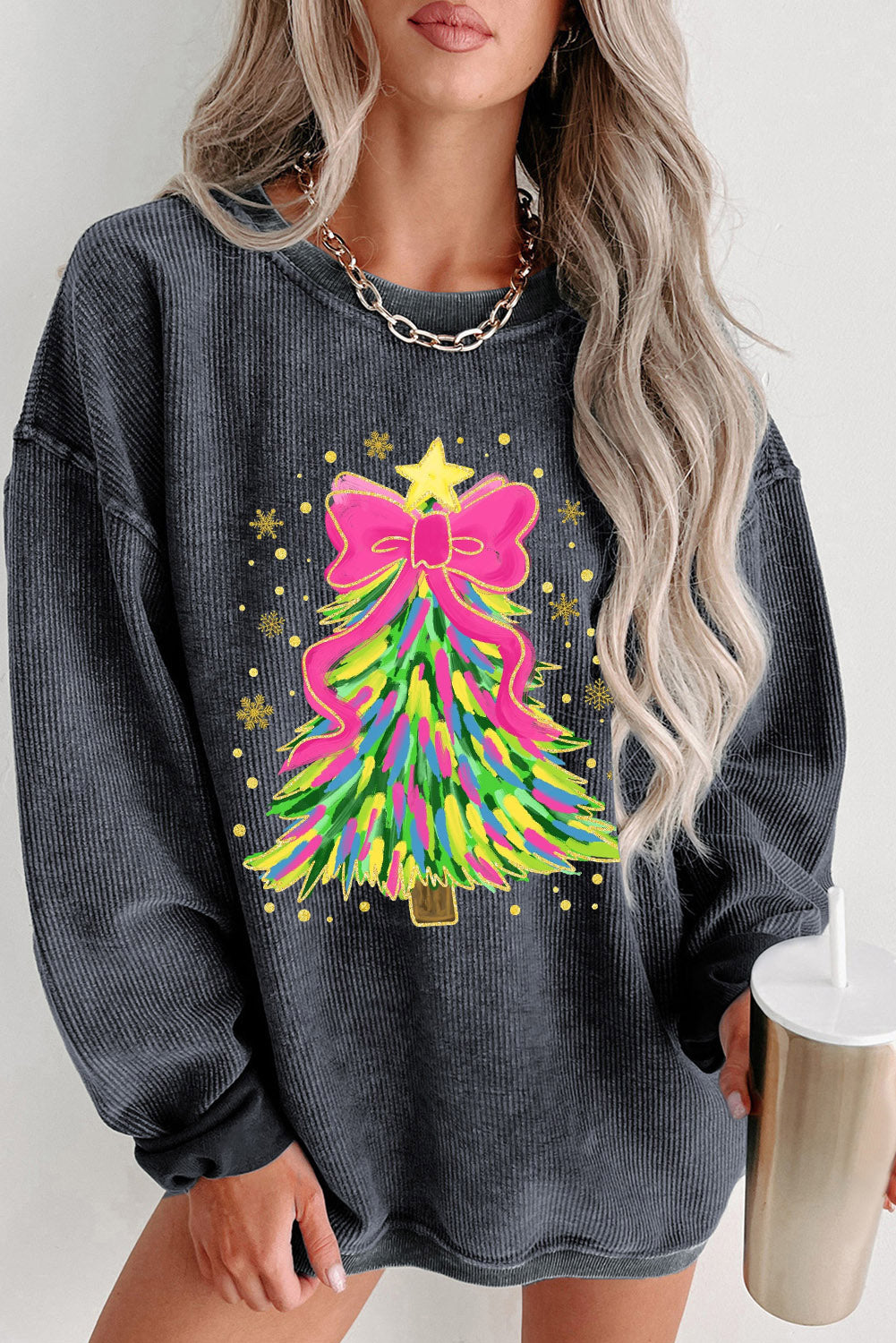 Blue Zone Planet | Gray Stunning Christmas Tree Printed Drop Shoulder Corded Sweatshirt-Graphic Sweatshirts-[Adult]-[Female]-Gray-S-2022 Online Blue Zone Planet