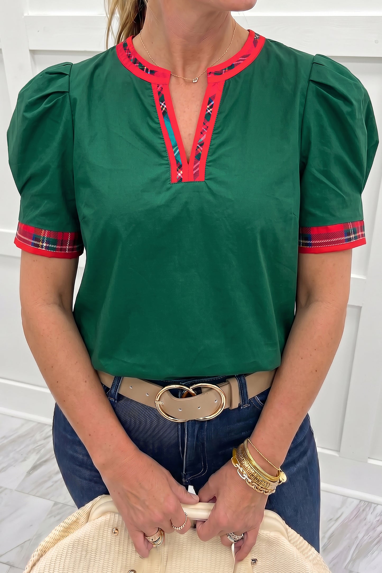 Evergreen Plaid Trim V Neck Short Sleeve Shift Blouse-Tops/Blouses & Shirts-[Adult]-[Female]-Evergreen-S-2022 Online Blue Zone Planet